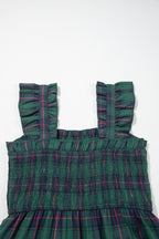 Green Plaid Ruffle Sleeveless Shirred Bodice Tiered Midi Dress