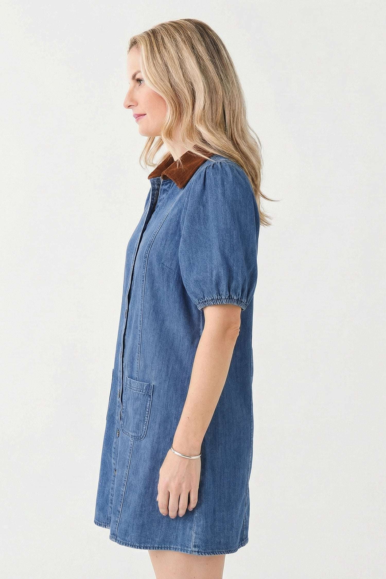 Blue Denim Short Puff Sleeve Color Block Shirt Collar Patchwork Mini Dress