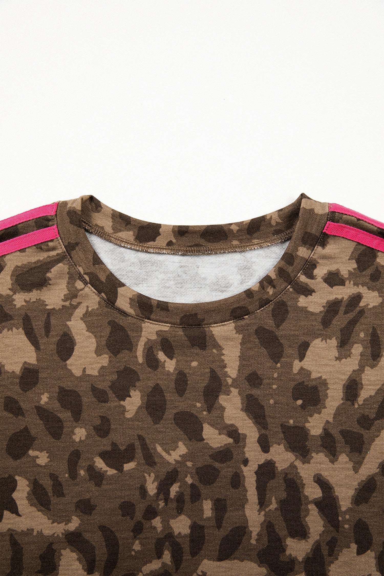 Brown Loose Contrast Striped Accent Leopard T Shirt Mini Dress with Pockets