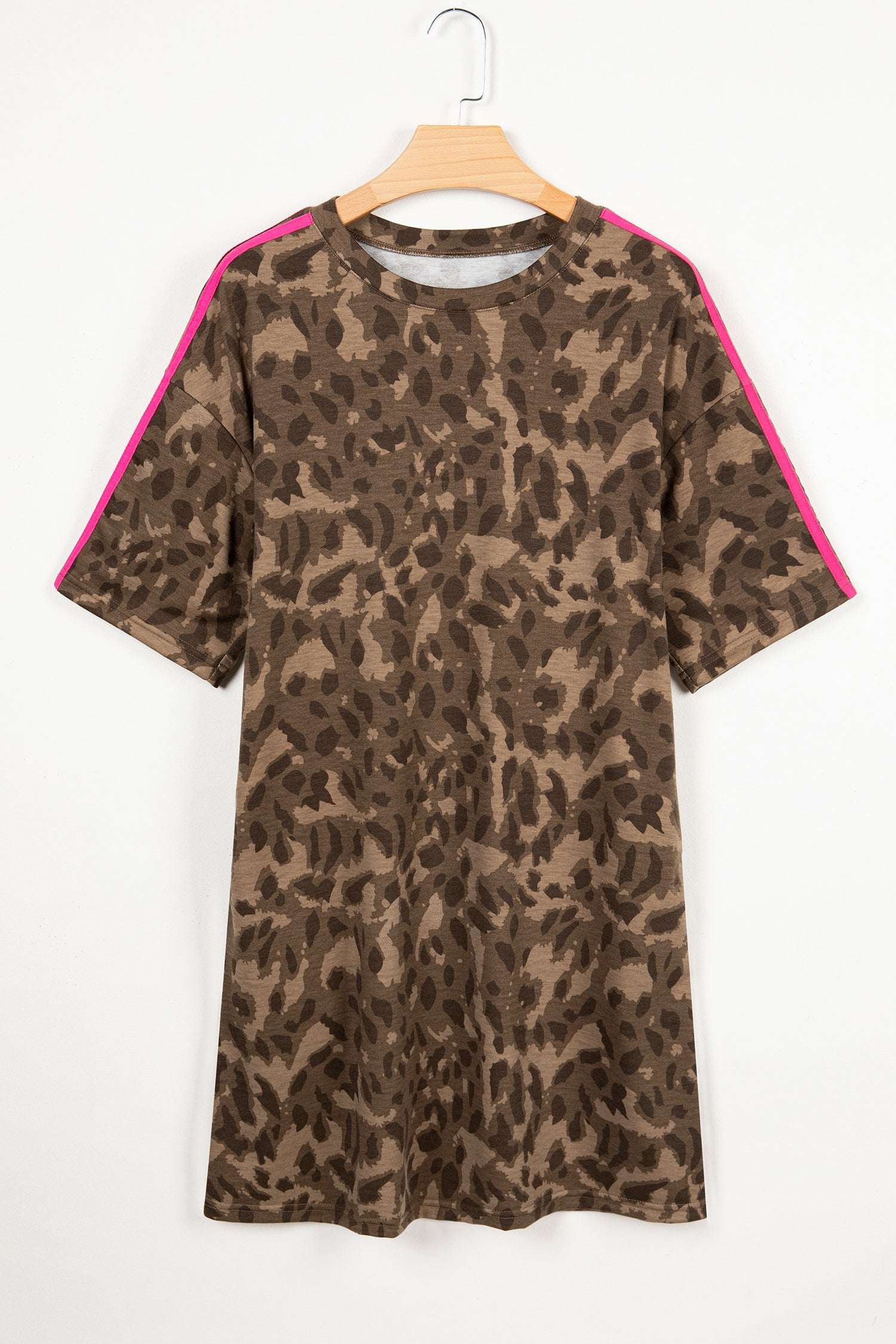 Brown Loose Contrast Striped Accent Leopard T Shirt Mini Dress with Pockets