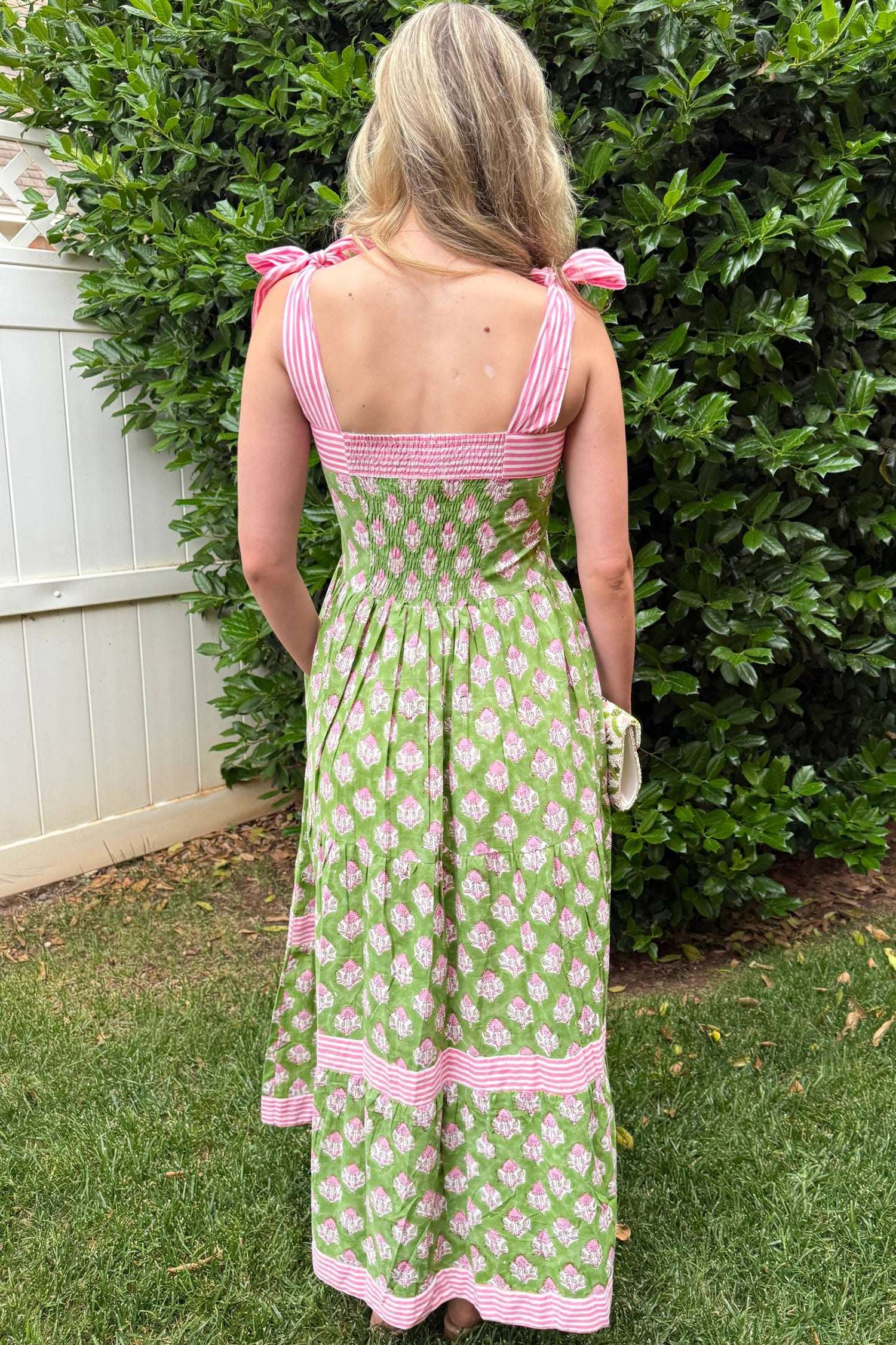 Green Floral Print Striped Detail Knot Straps Maxi Dress