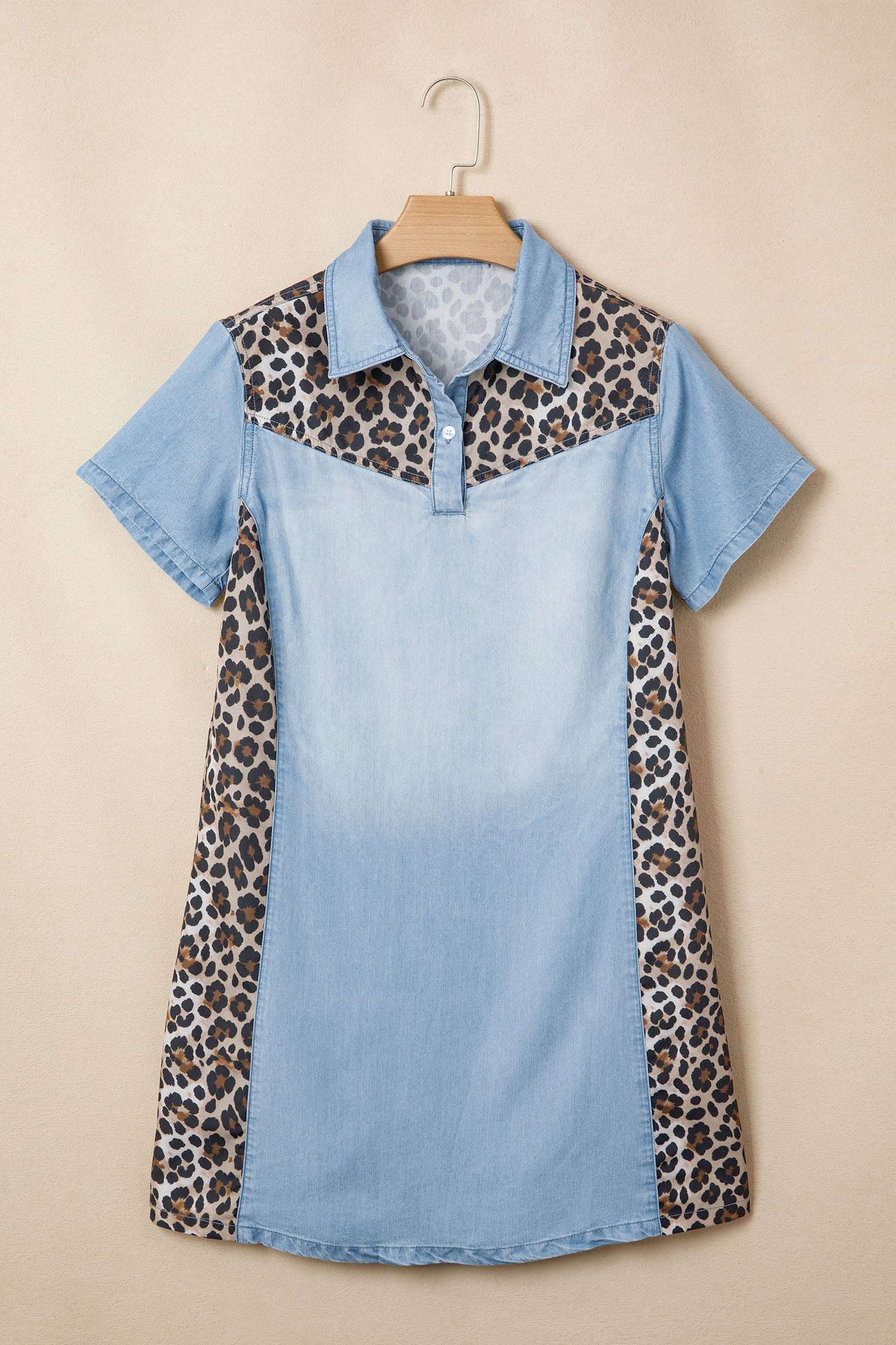 Myosotis Denim Color Block Leopard Patchwork Shirt Collar T Shirt Mini Dress