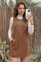 Coffee Geometric Embroidery Sleeveless Corduroy Shift Dress