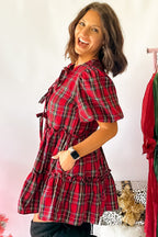 Red Plaid Knot Neck Short Sleeve Mini Shift Dress
