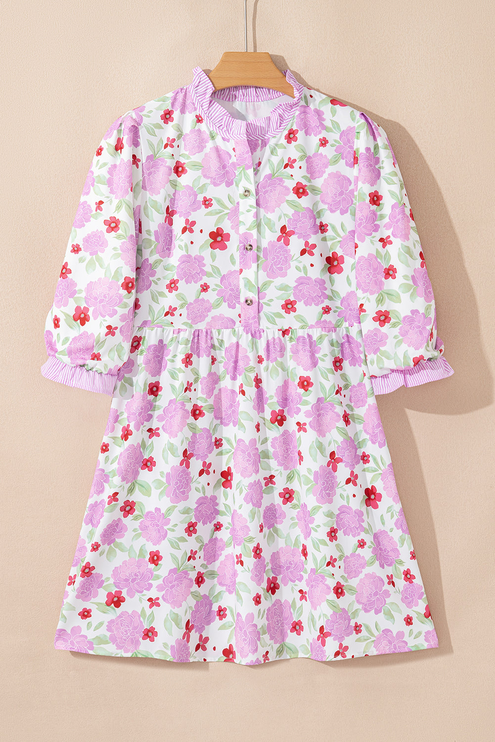 Pink Floral Print Striped Trim Frilled Neck 3/4 Sleeve Flared Mini Dress