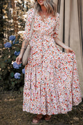 Red Boho Half Sleeve Floral V Neck Maxi Dress