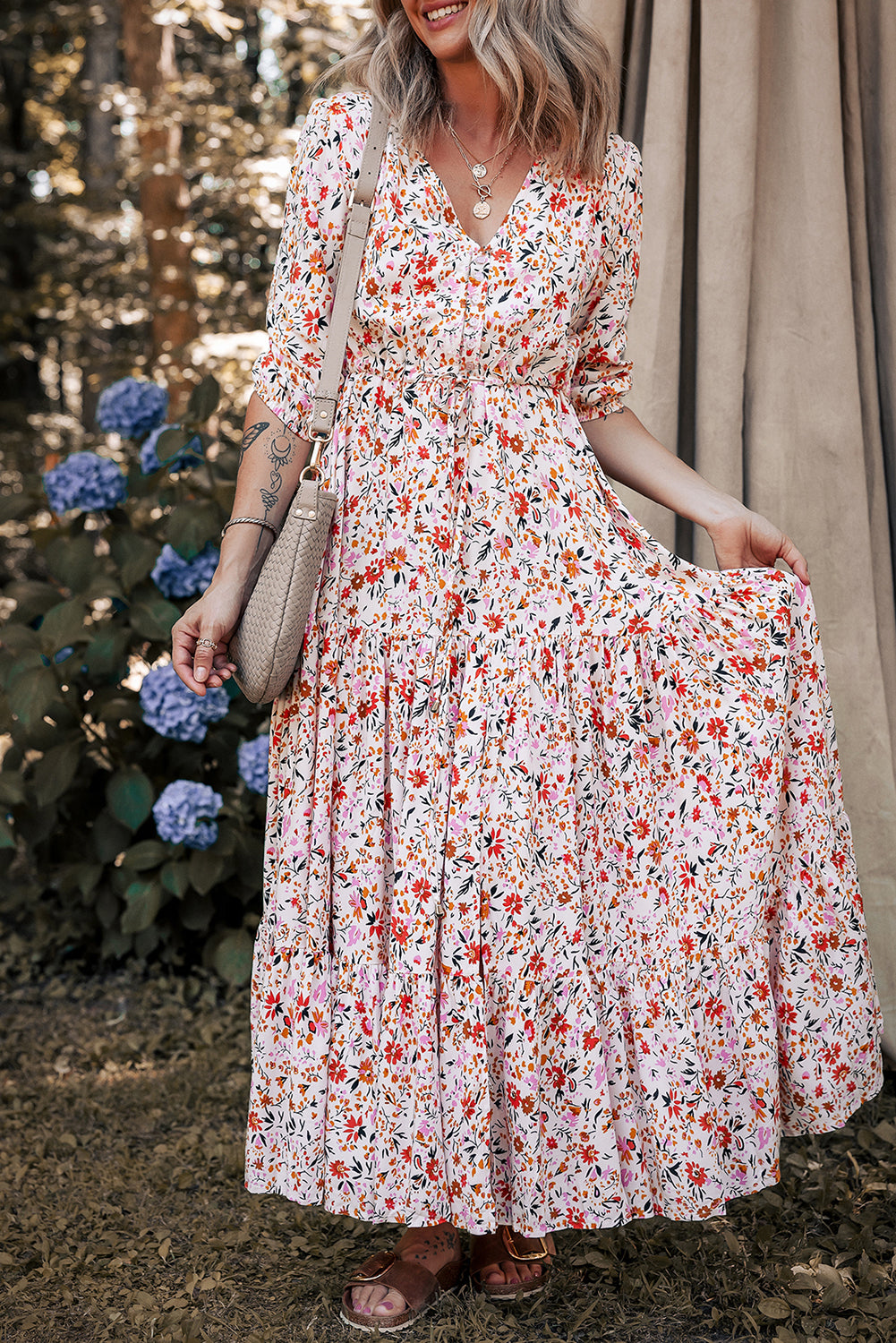 Red Boho Half Sleeve Floral V Neck Maxi Dress