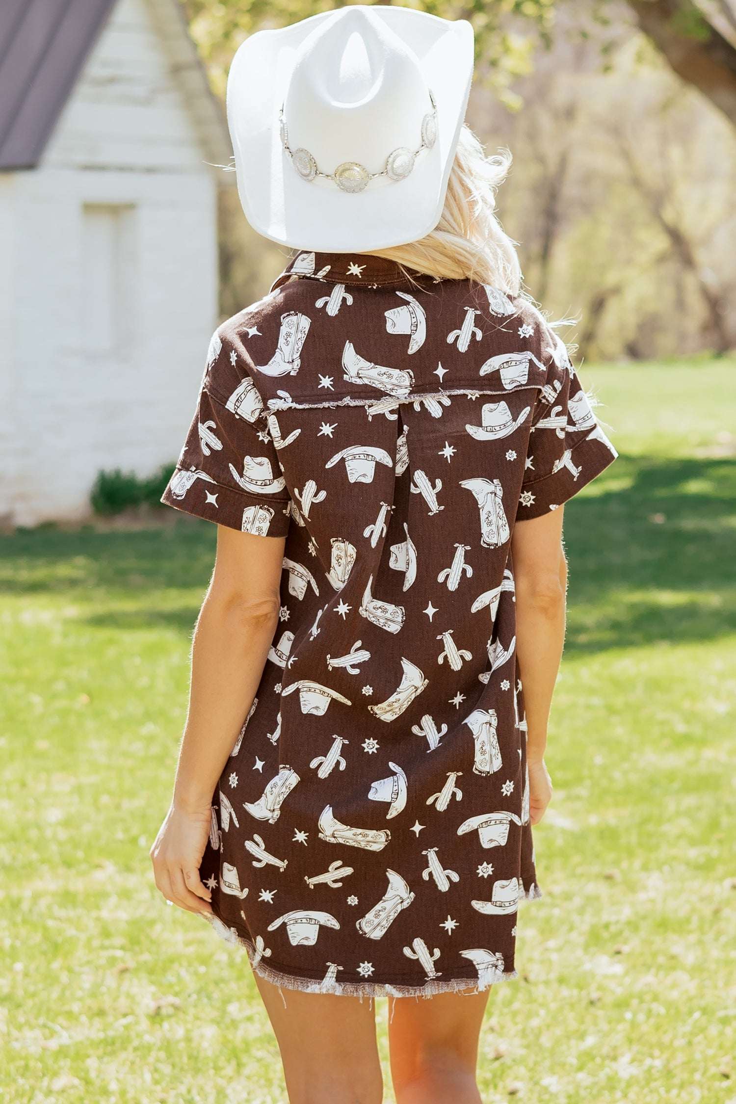 Brown Cowgirl Hats Boots Cactus Print Raw Edge Button Down Short Denim Dress