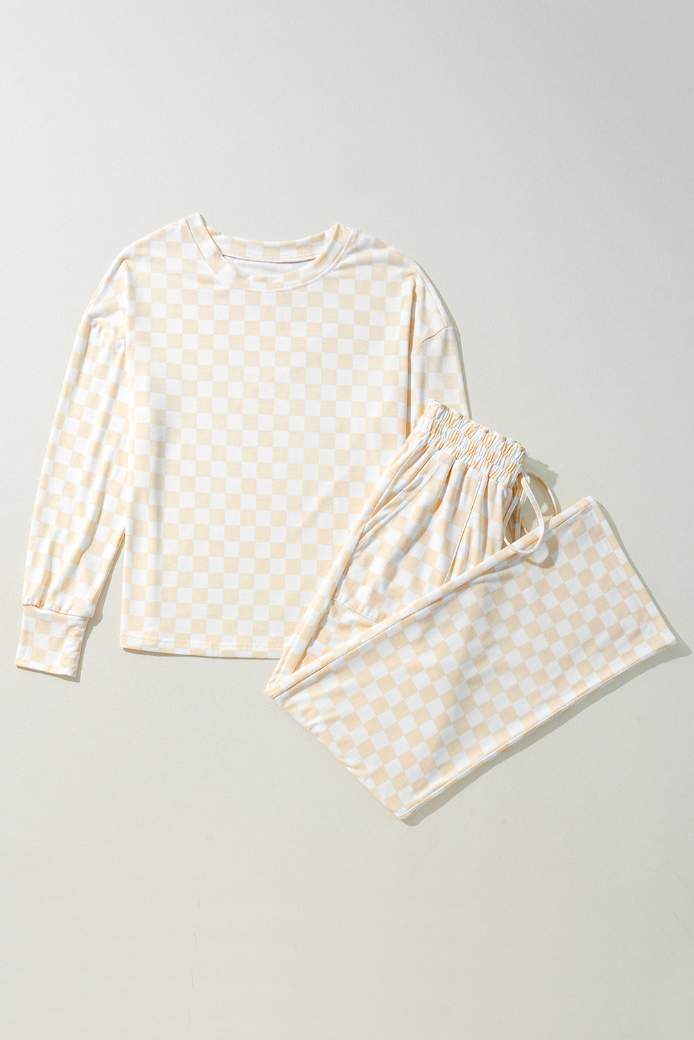 Beige Checkered Print Long Sleeve Top and Pants Lounge Set