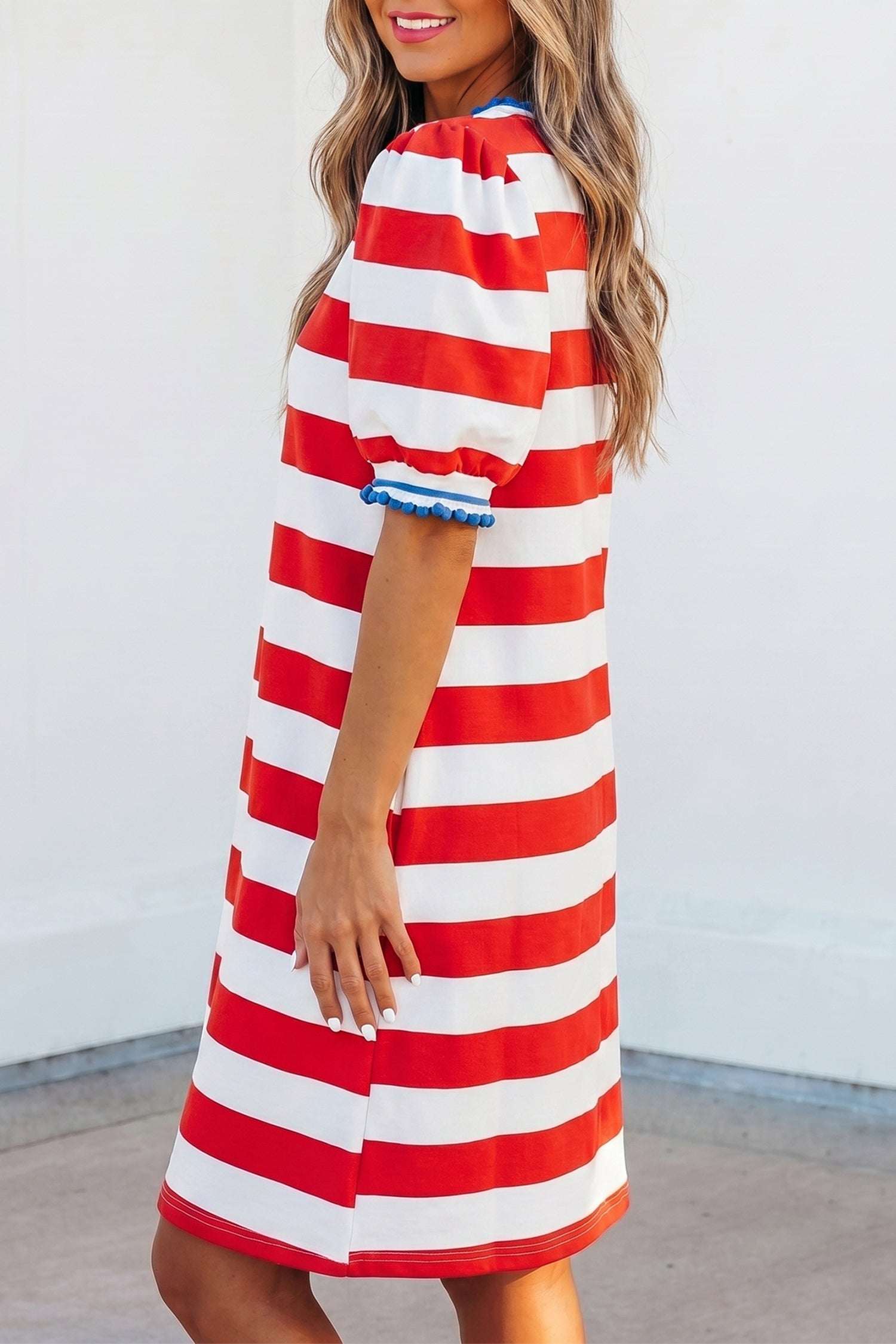 Blue Stripe Contrast Trim Round Neck Short Puff Sleeve Shift Mini Dress