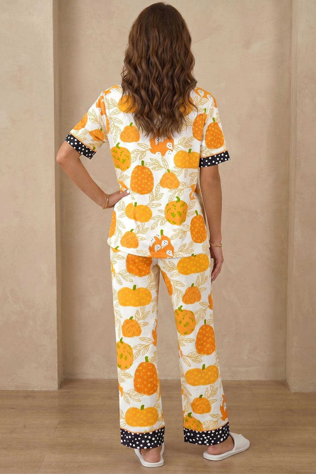 Orange Short Sleeve Pumpkin Print Polka Dot Trim Pocket Pocket Placket Home Wear Lounge Set