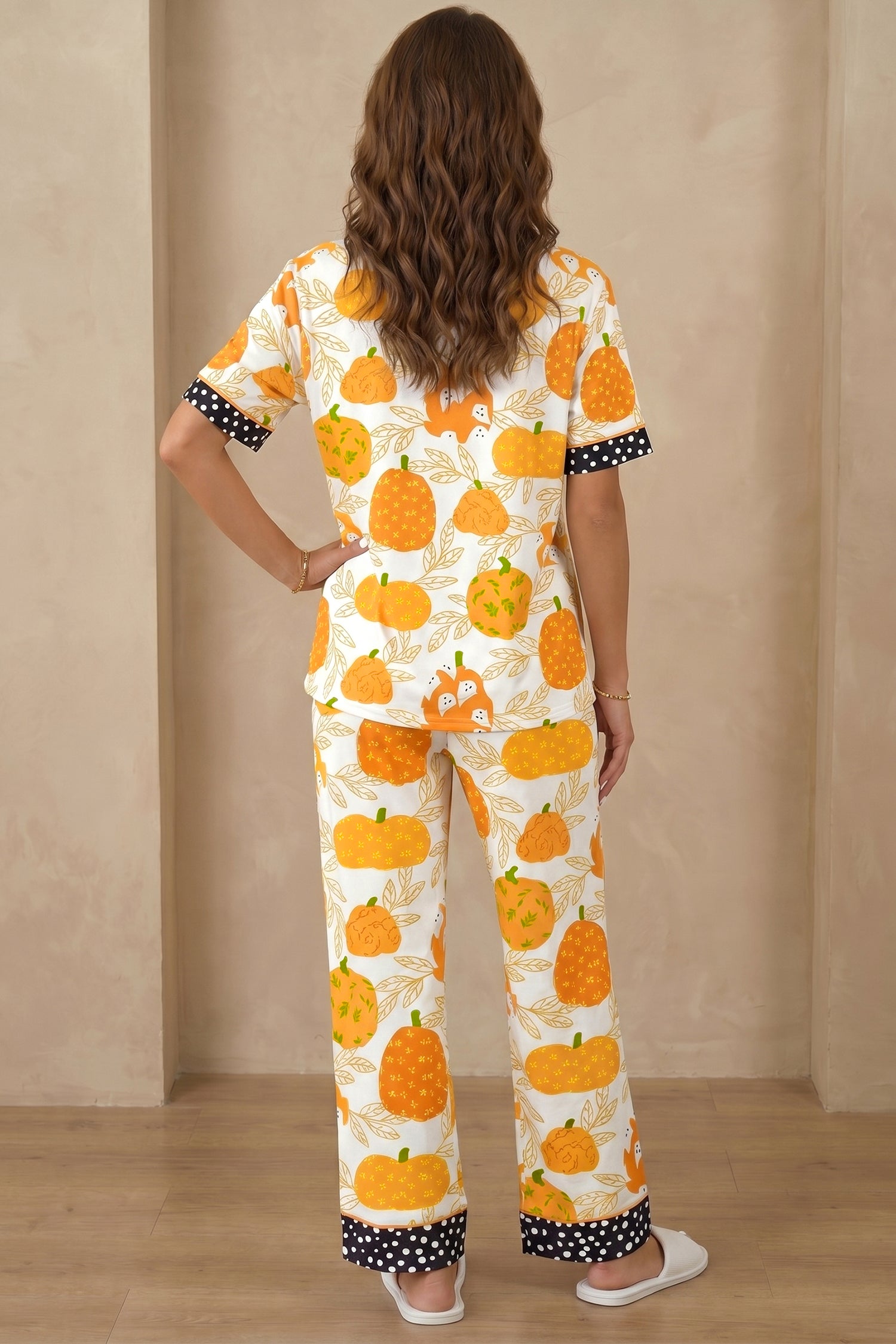 Orange Short Sleeve Pumpkin Print Polka Dot Trim Pocket Pocket Placket Home Wear Lounge Set