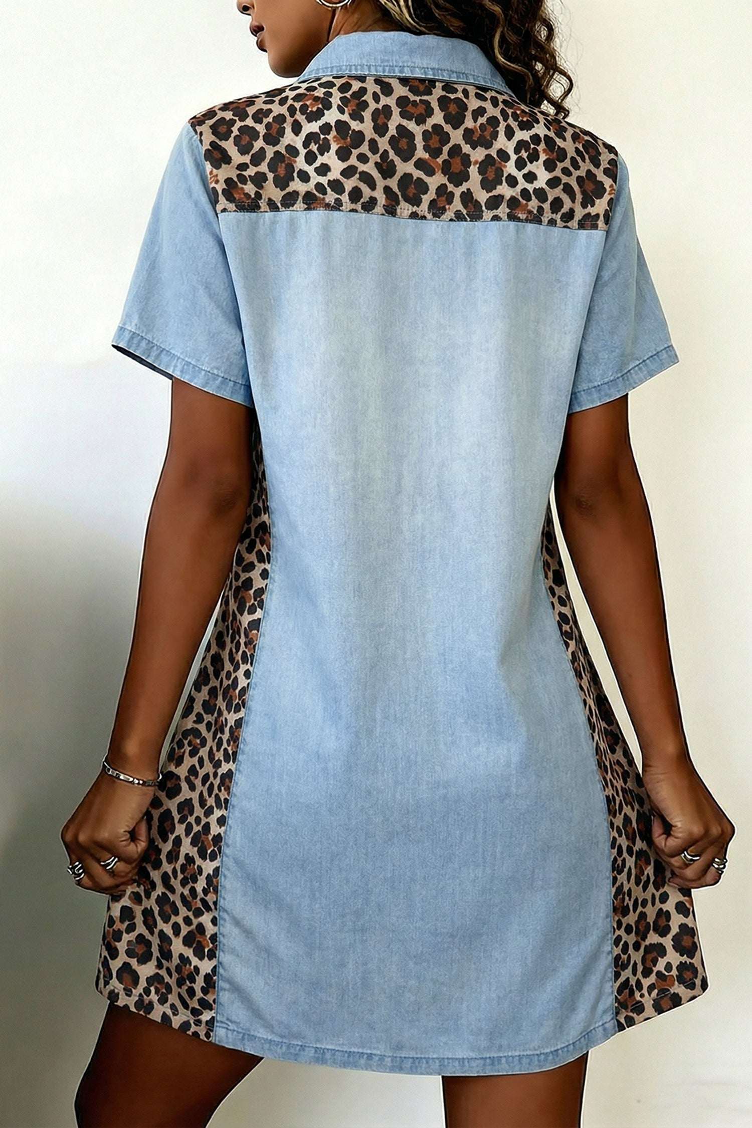 Myosotis Denim Color Block Leopard Patchwork Shirt Collar T Shirt Mini Dress