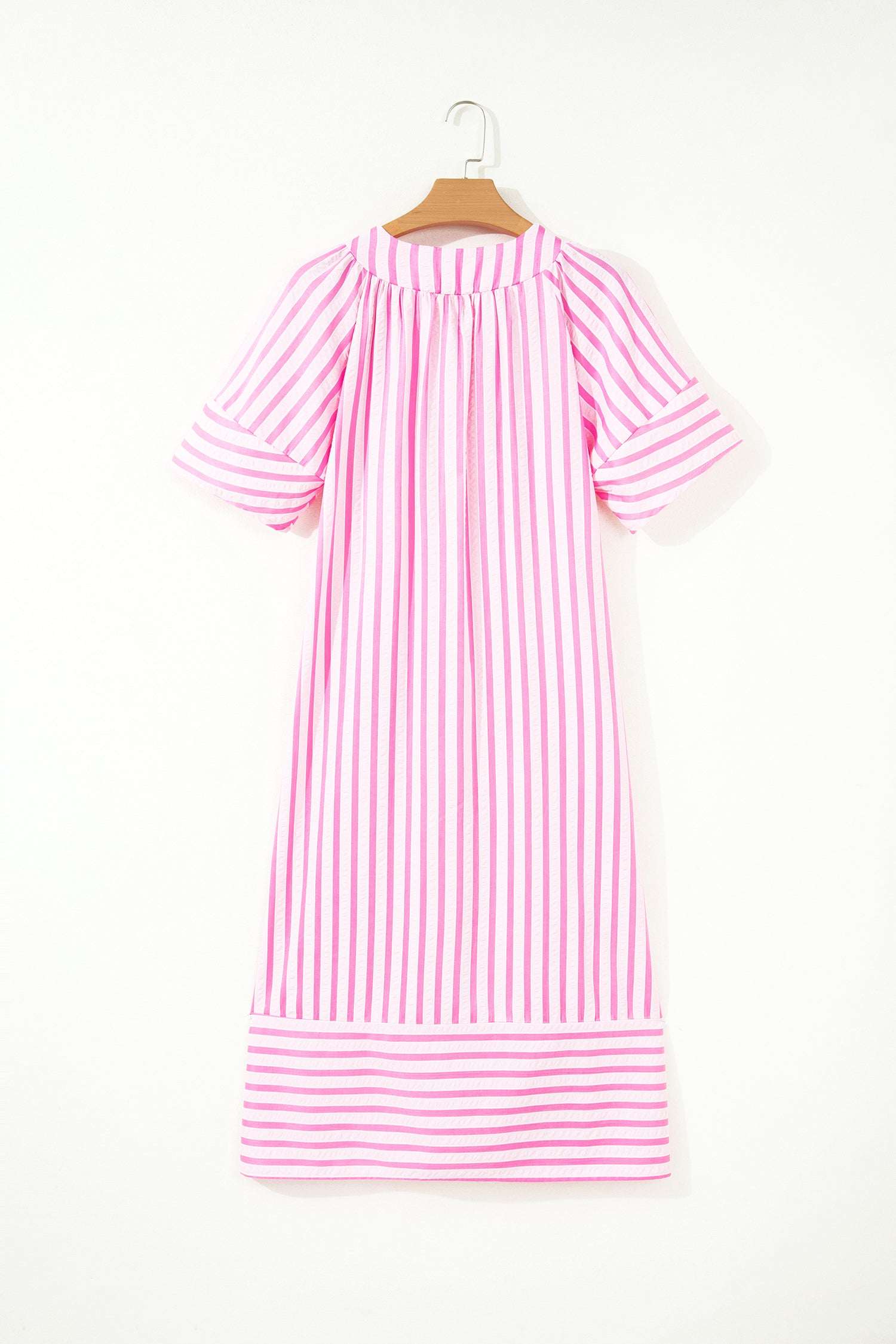 Pink Stripe V Neck Short Sleeve Shift Long Dress