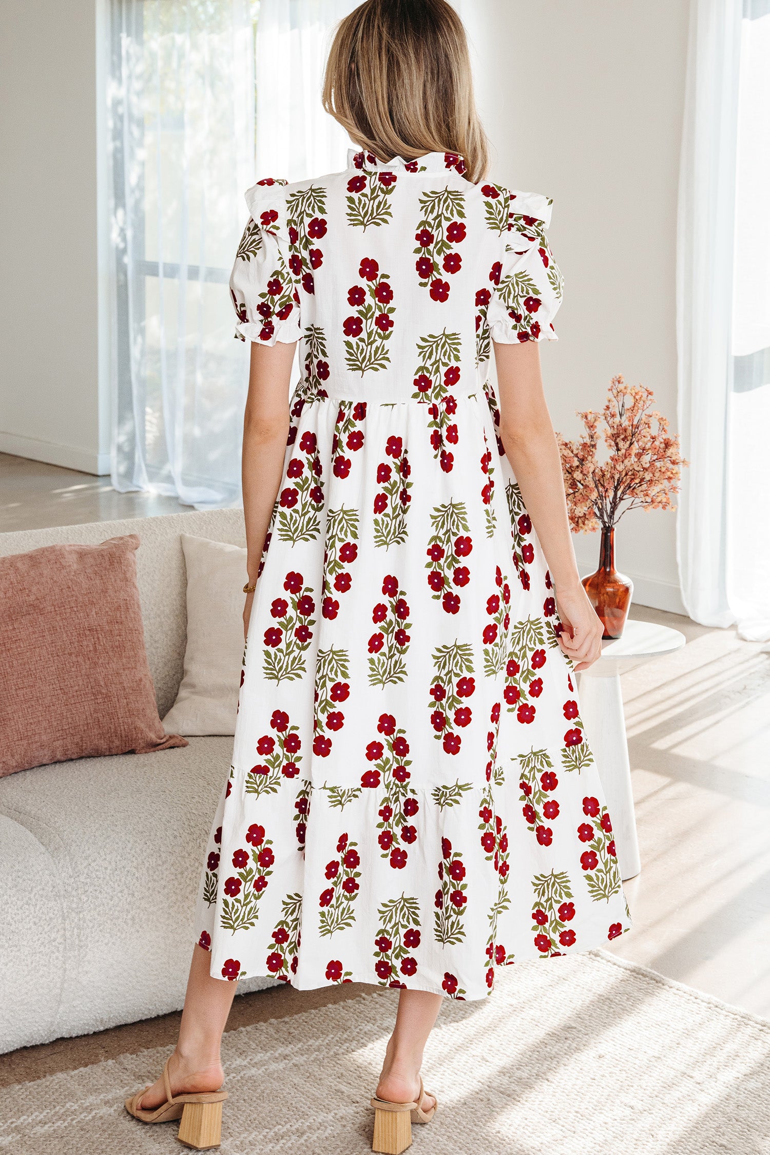 Beige Floral Short Bubble Sleeve Tiered Maxi Dress