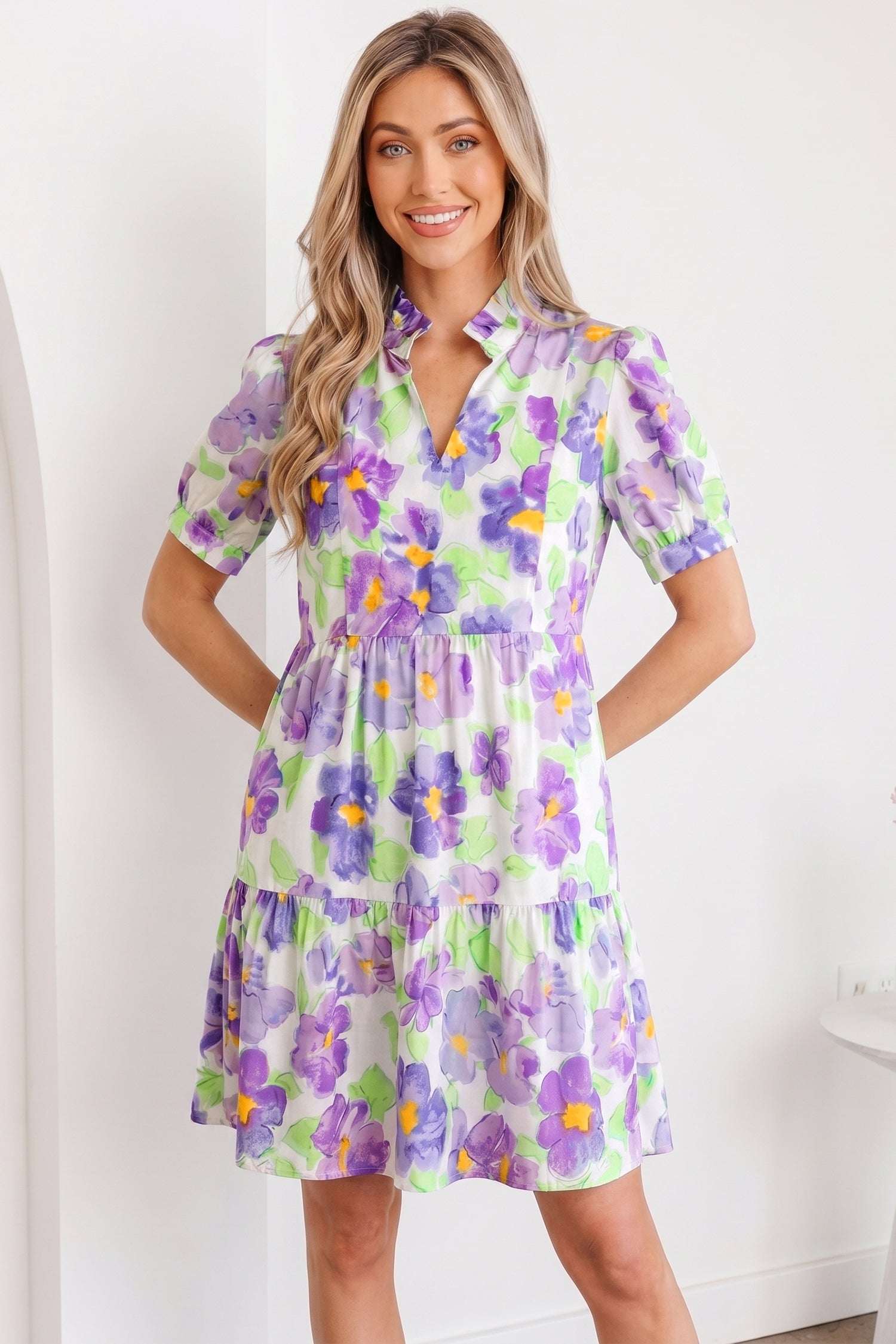 Purple Floral V Collar Short Sleeve Tiered Ruffle Mini Dress