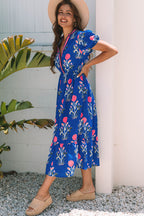 White Floral Puff Short Sleeve V Neck High Waist Maxi Dress