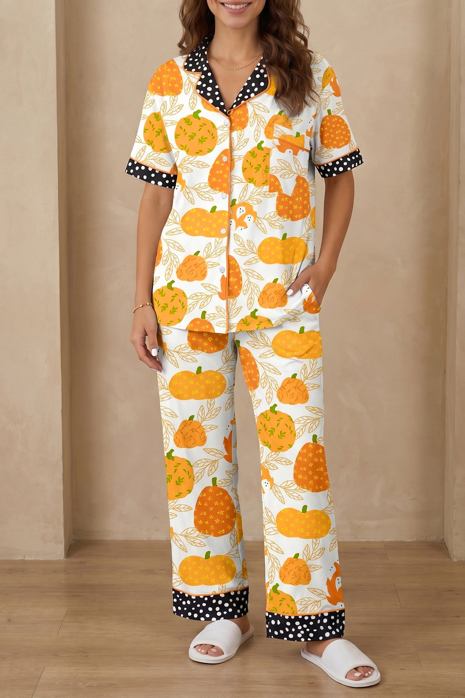 Orange Short Sleeve Pumpkin Print Polka Dot Trim Pocket Pocket Placket Home Wear Lounge Set