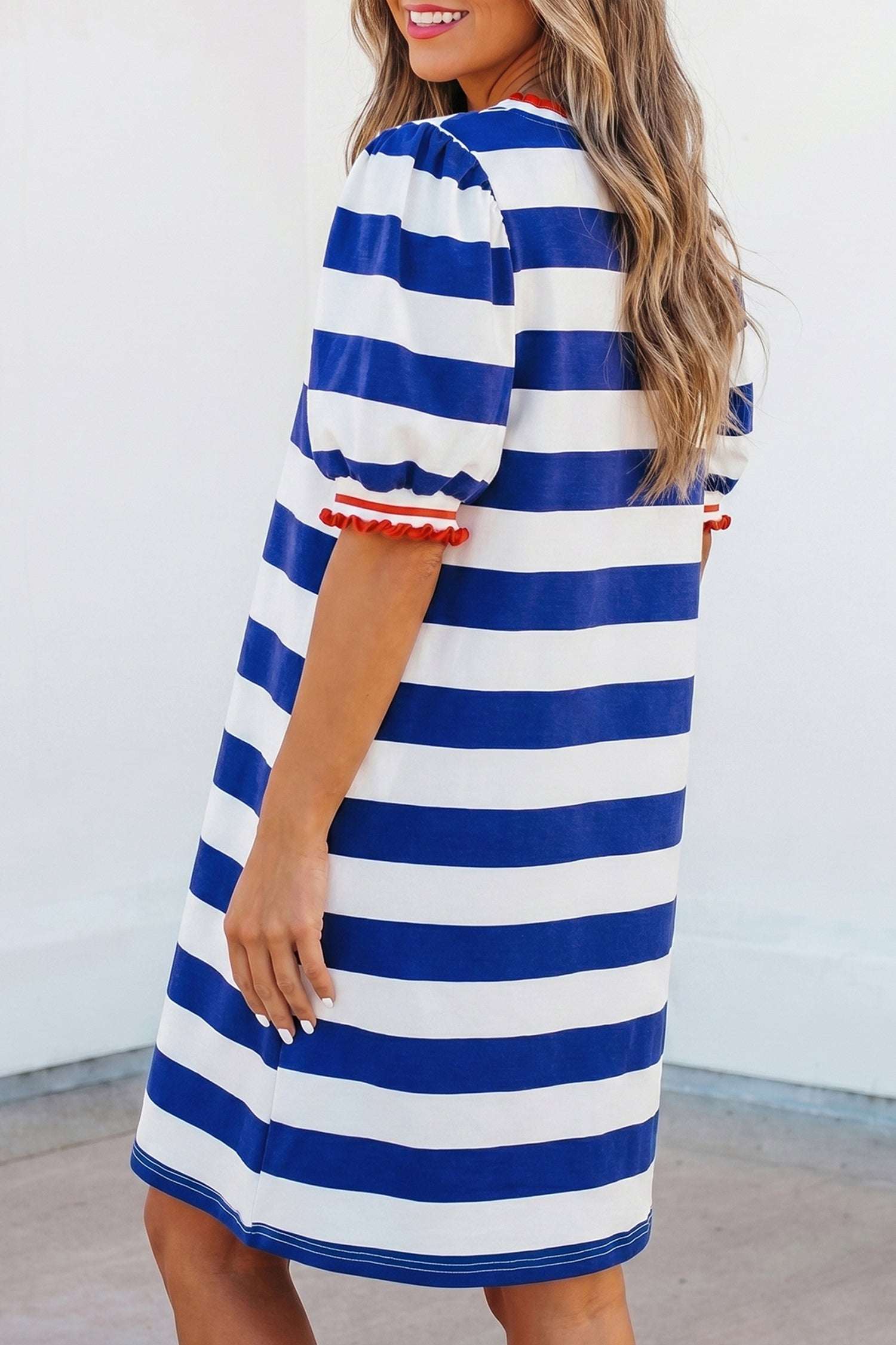 Blue Stripe Contrast Trim Round Neck Short Puff Sleeve Shift Mini Dress