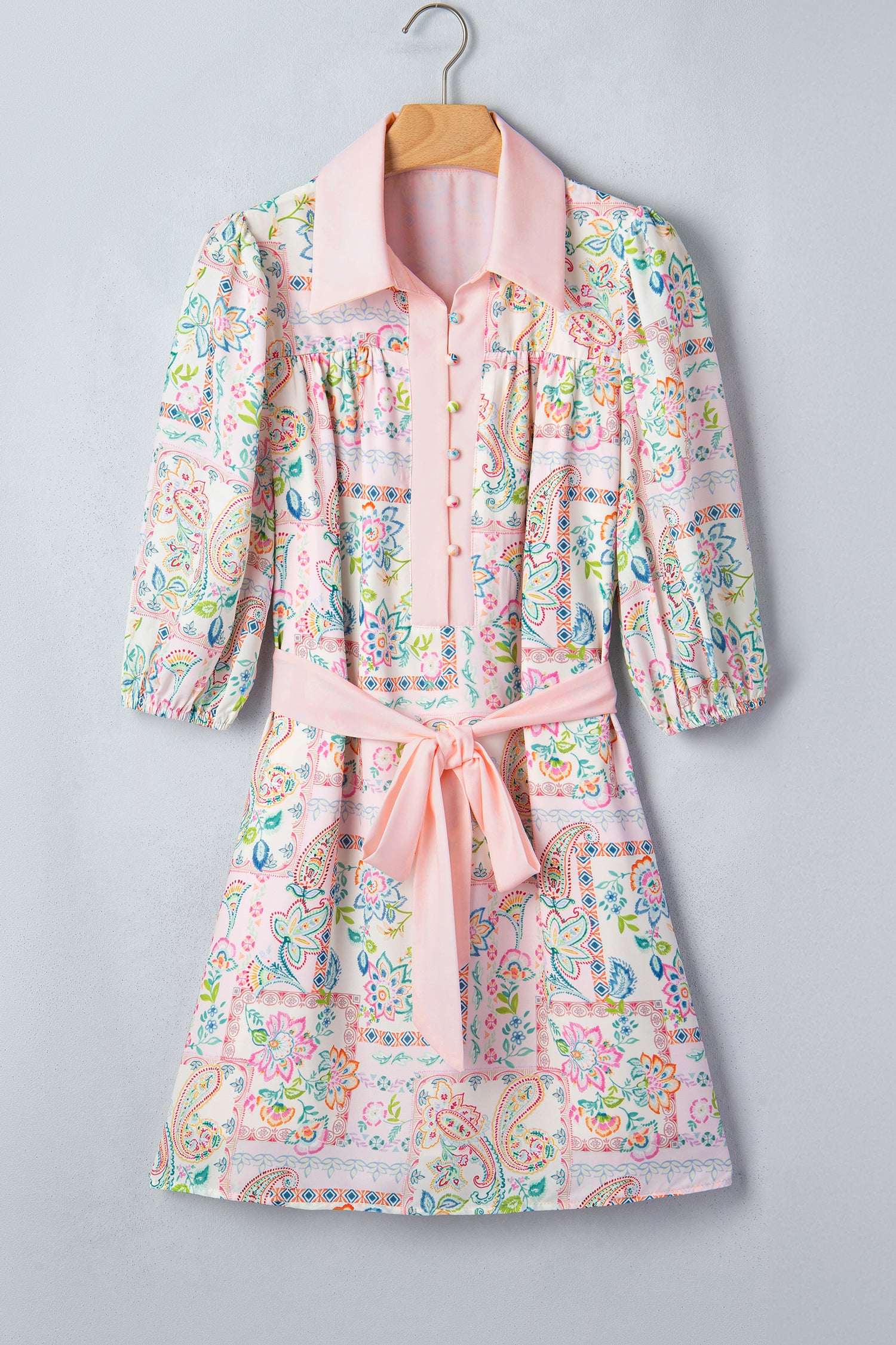 Pink Boho Floral Print Color Block Trim Half Button Belted Mini Dress