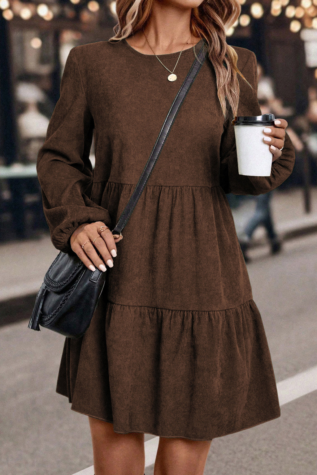 Dark Brown Lantern Sleeve Tiered Mini Dress