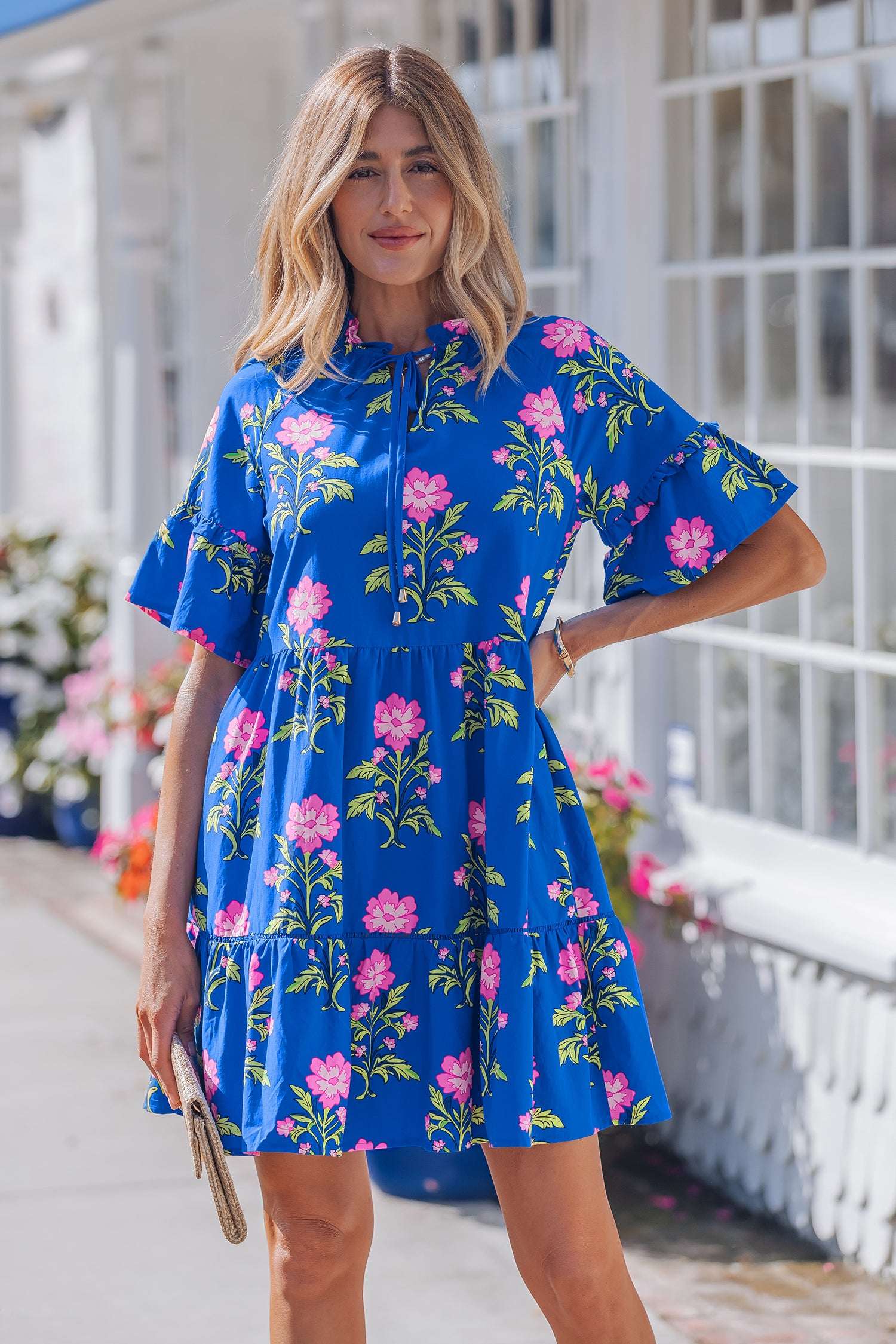 Blue V Neck Short Sleeve Loose Flower Dress