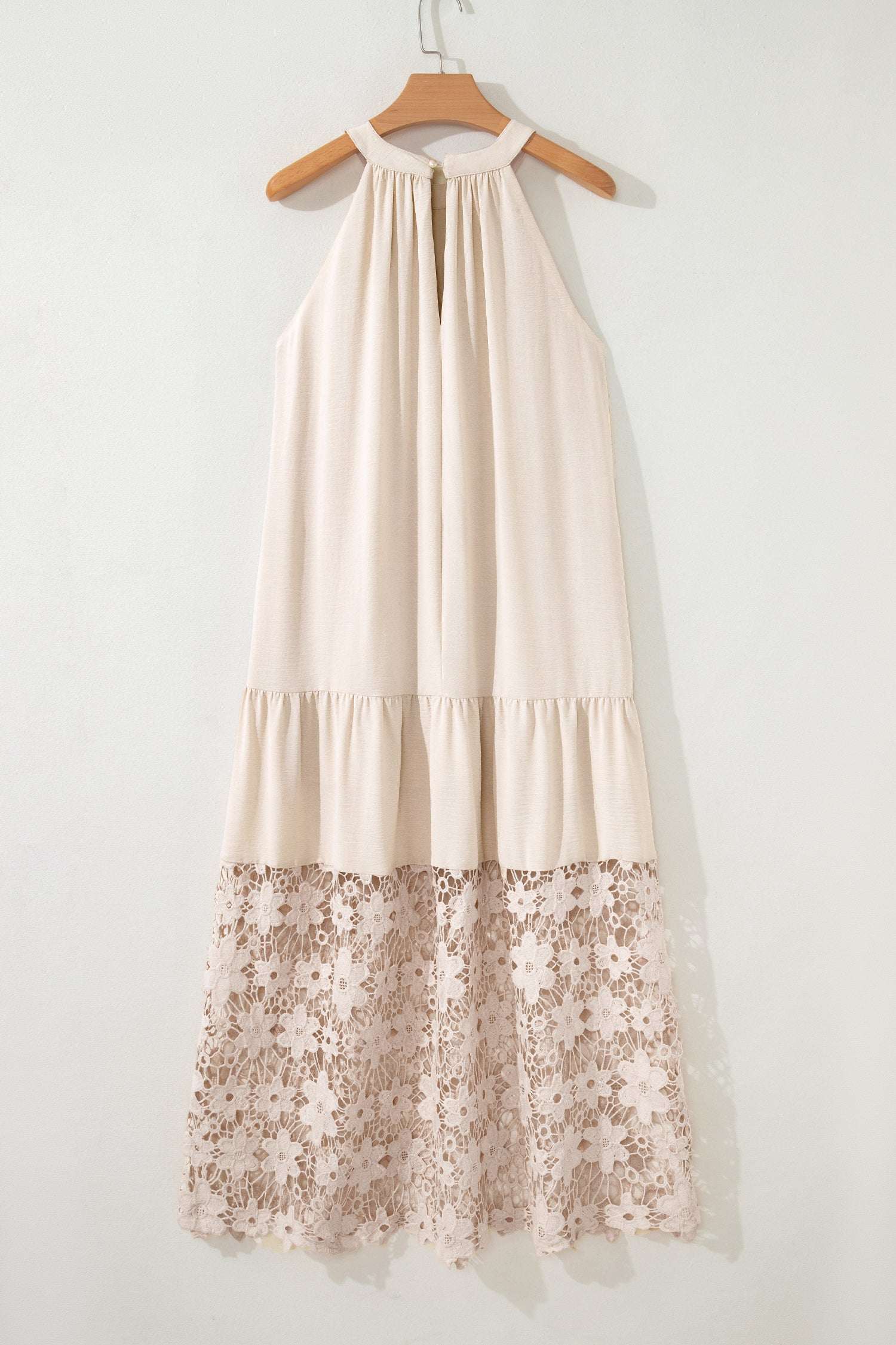 Beige Sheer Hollowed Floral Lace Hem Patchwork Loose Halter Summer Dress