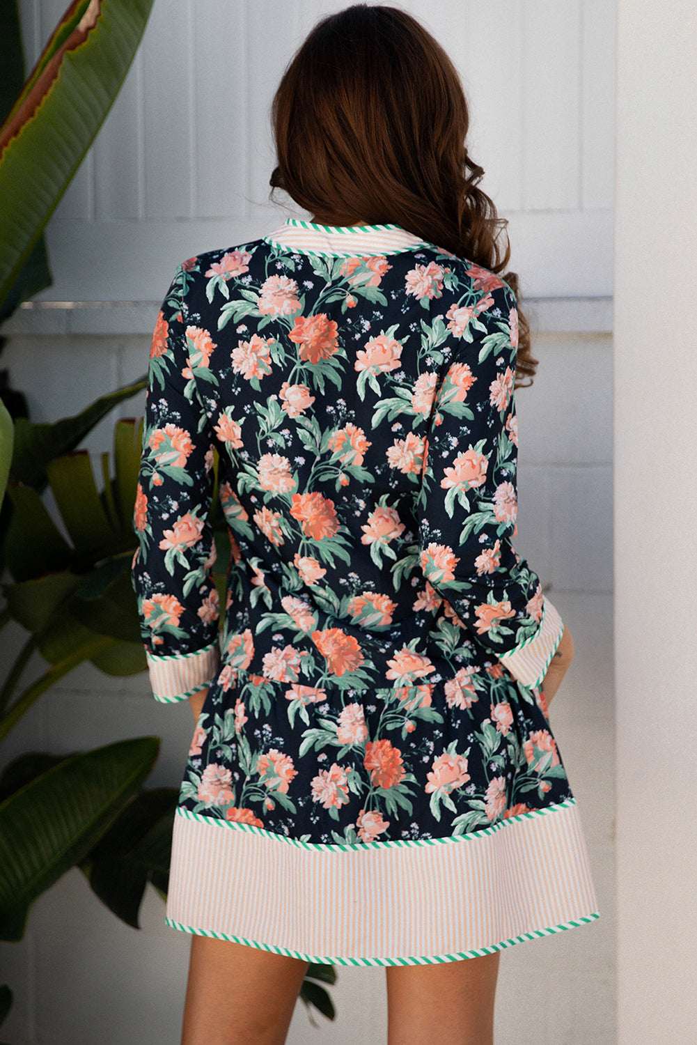 Blue Floral Print Striped Trim V Neck Long Sleeve Ruffle Hem Shift Mini Dress