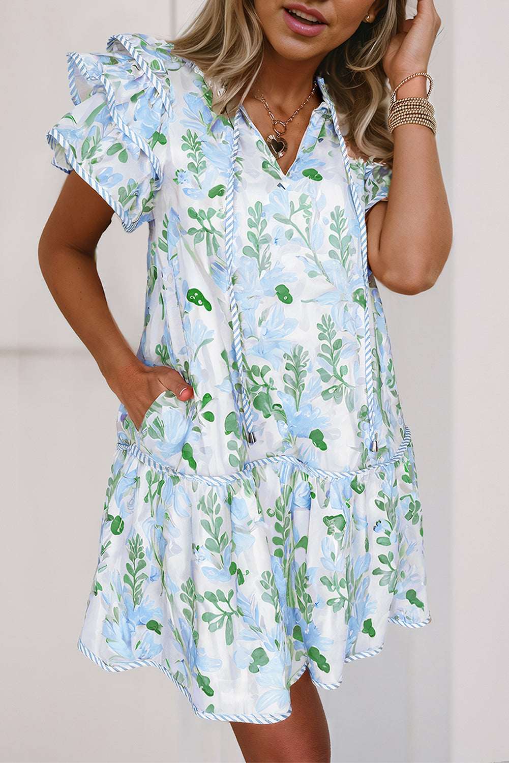Pink Floral Contrast Edge Layered Short Sleeve Mini Dress