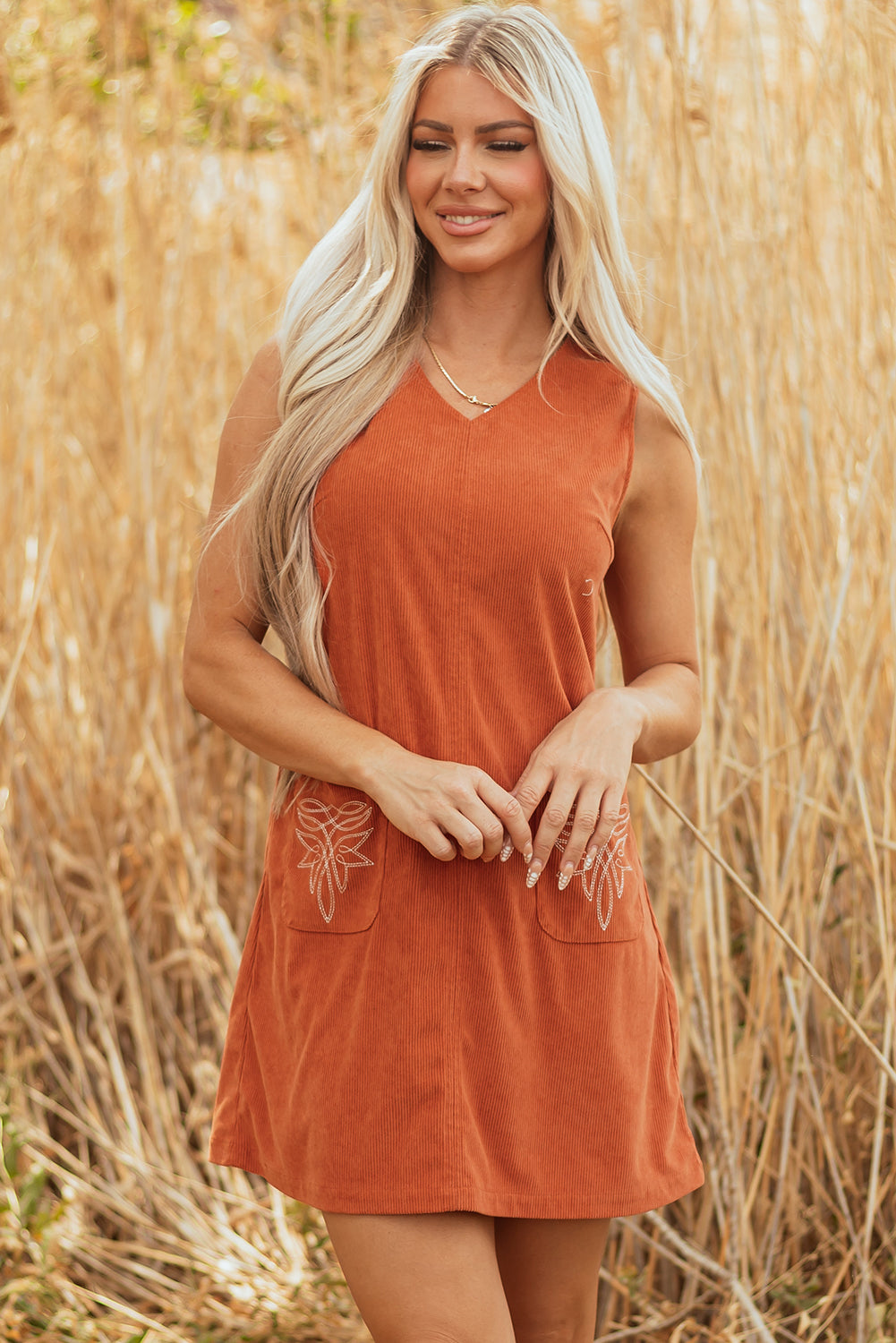 Gold Flame Corduroy Western Embroidered Patched Pocket Shift Sleeveless Mini Dress