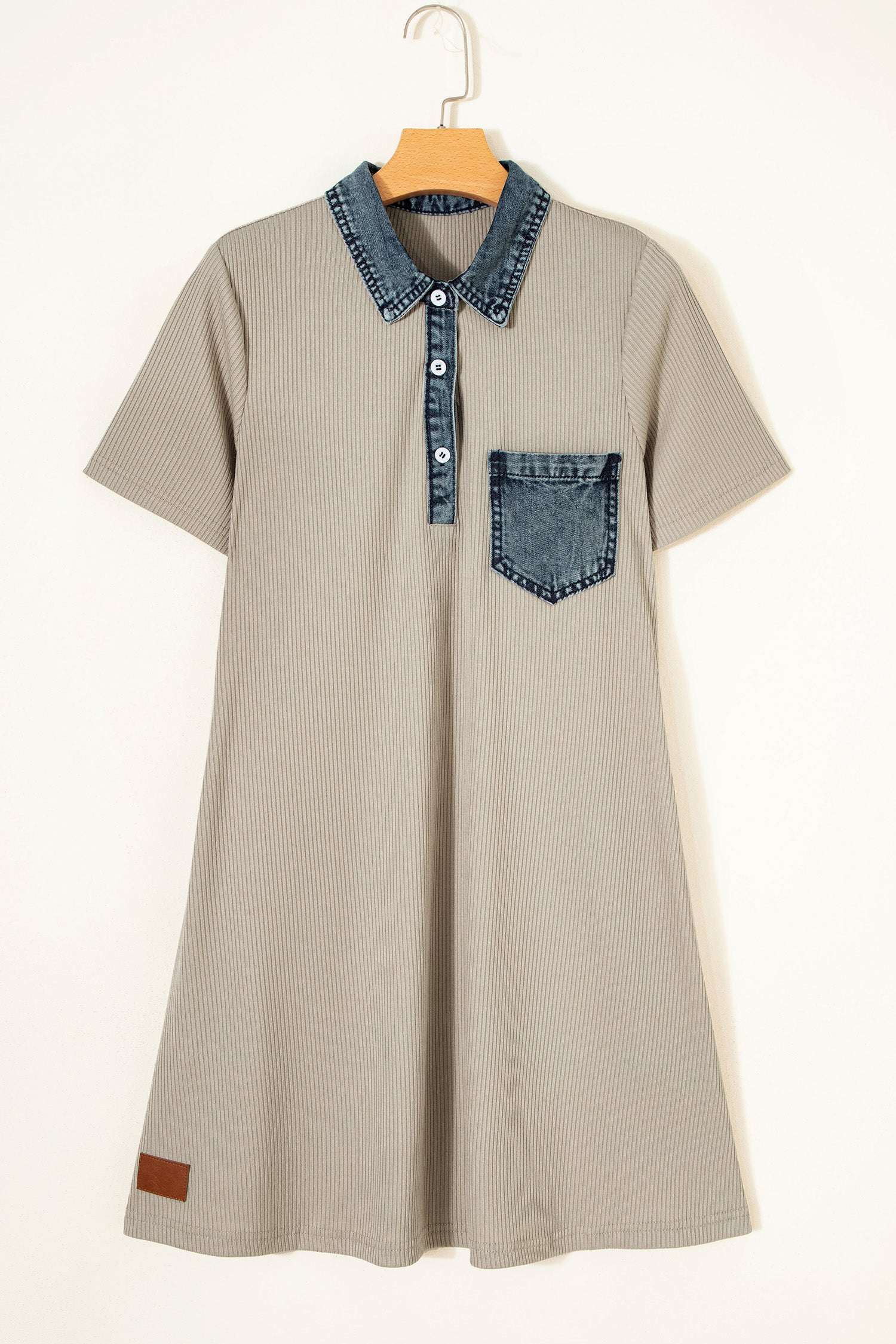 Beige Short Sleeve Ribbed Knit Denim Patchwork Polo Collar Dress