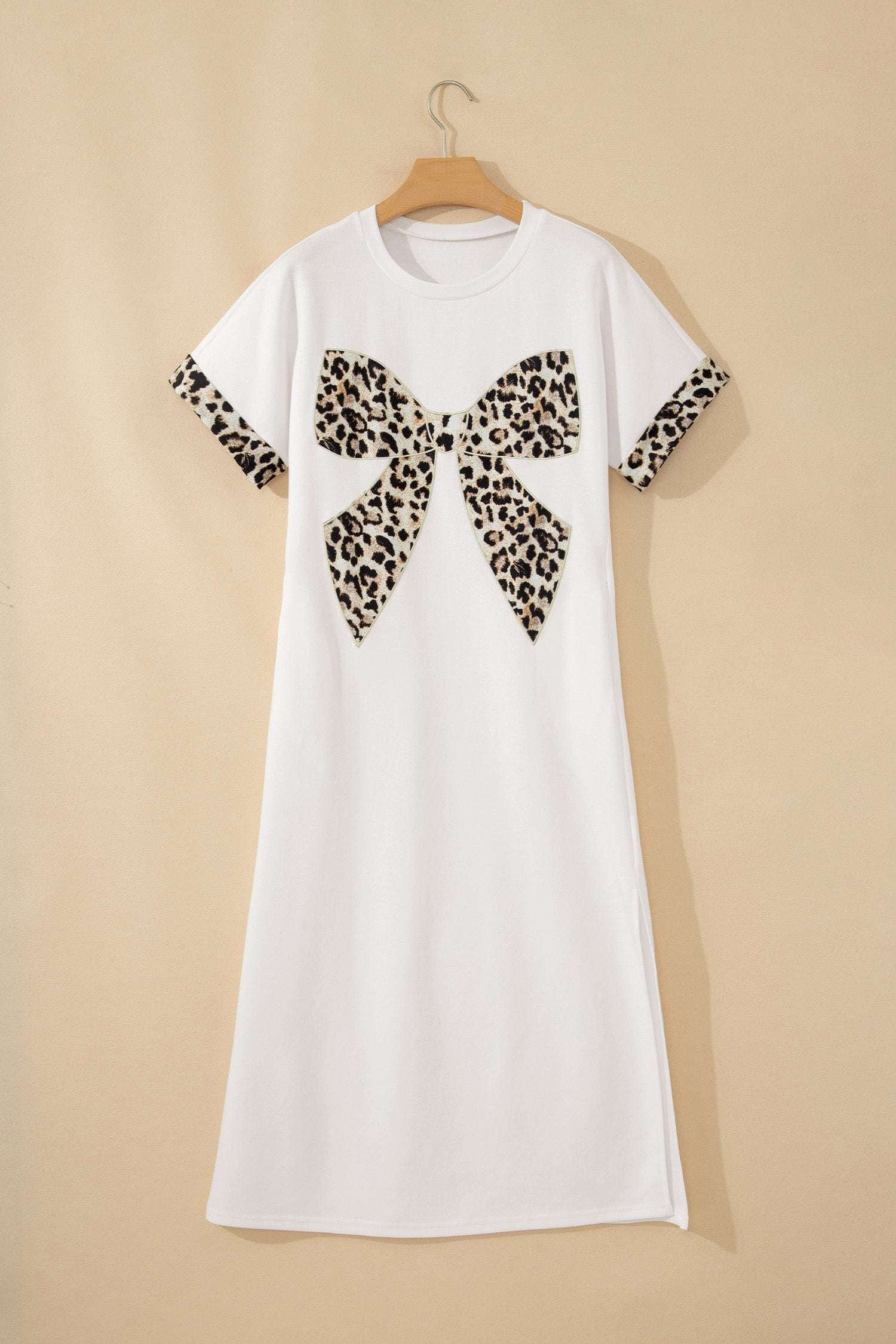 Dark Grey Contrast Leopard Bow Patched Short Sleeve T Shirt Long Dress