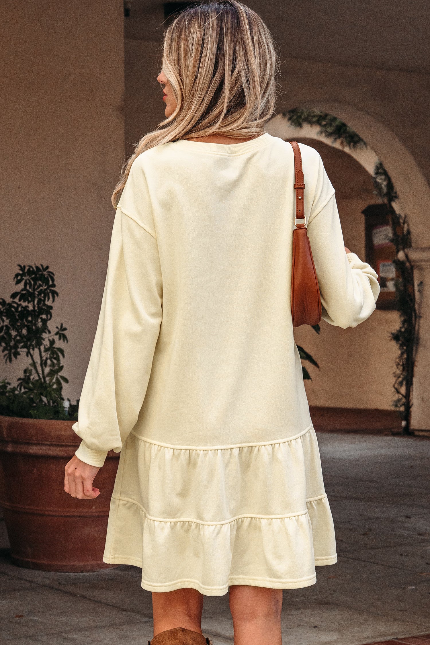 Beige Double Tiered Ruffle Hem Long Sleeve Loose Mini Dress