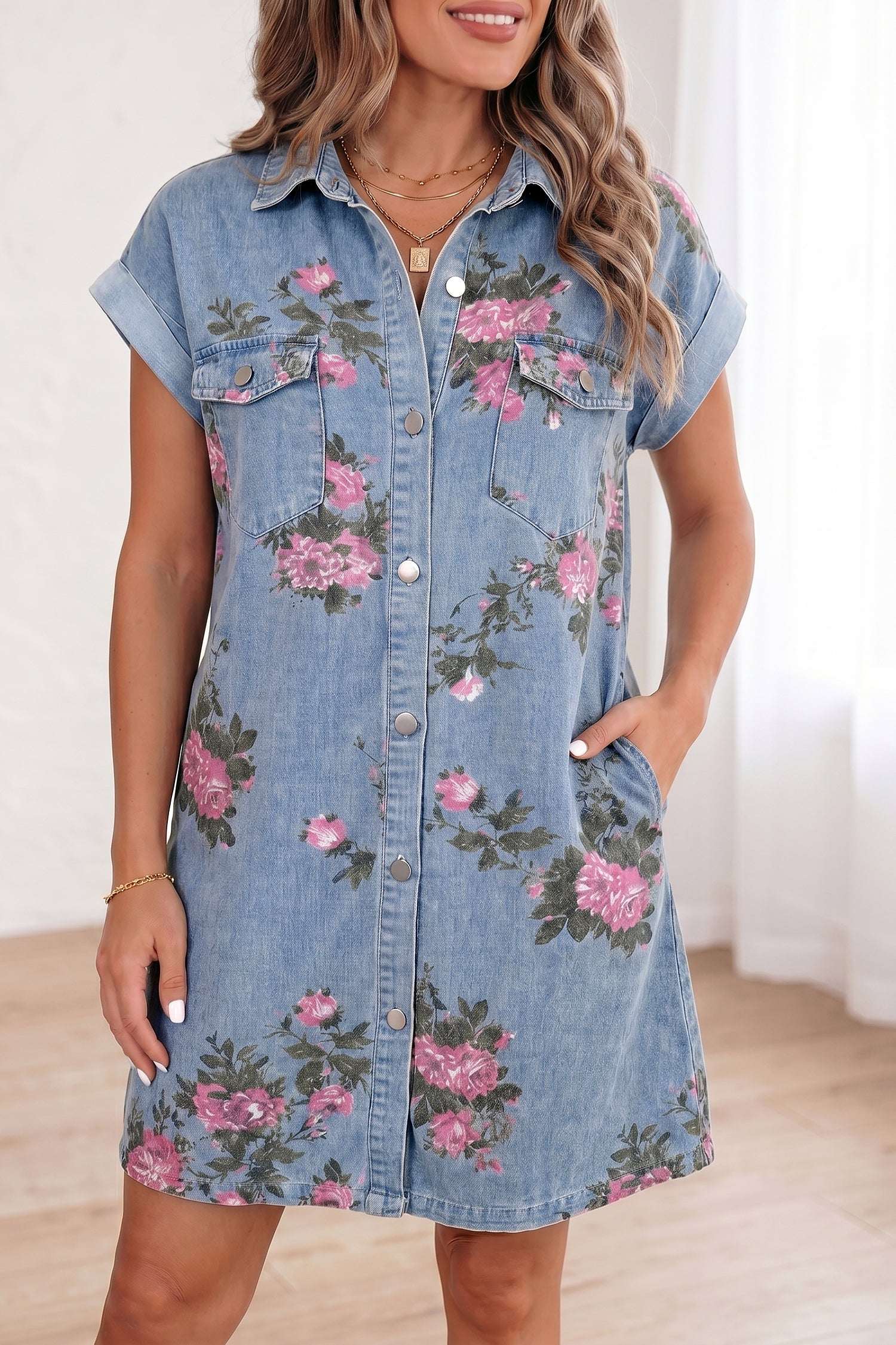 Sky Blue Denim Floral Print Cuffed Short Sleeve Button Down Shift Dress