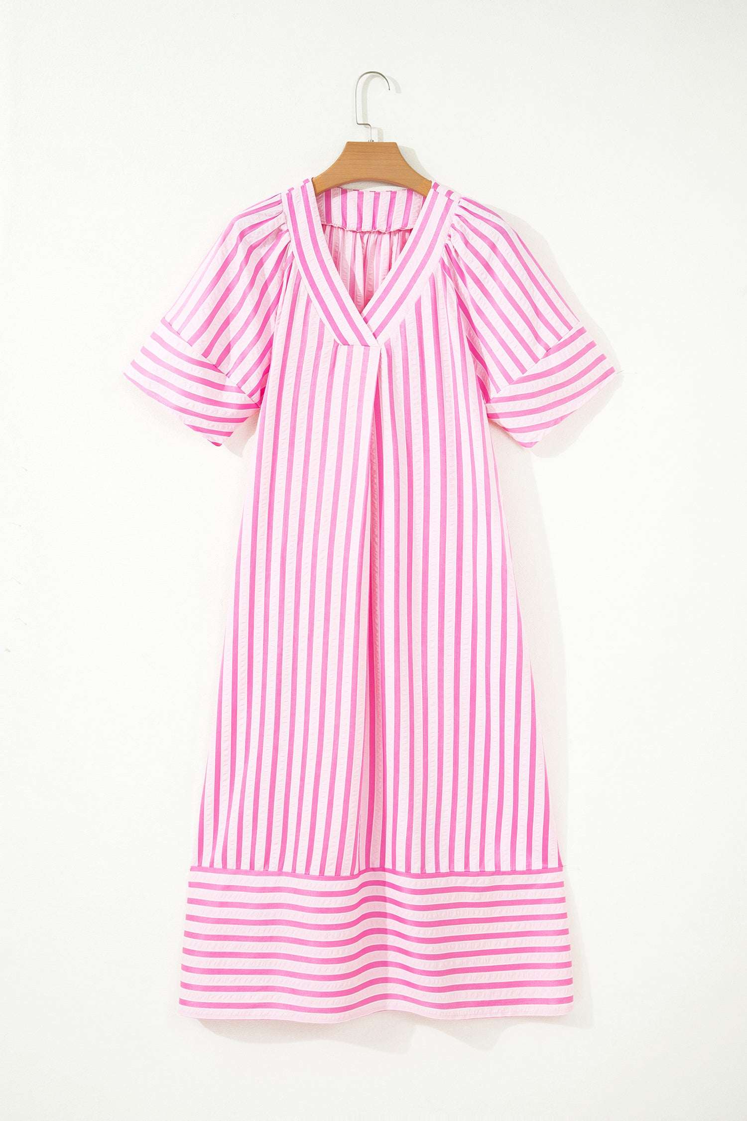 Pink Stripe V Neck Short Sleeve Shift Long Dress