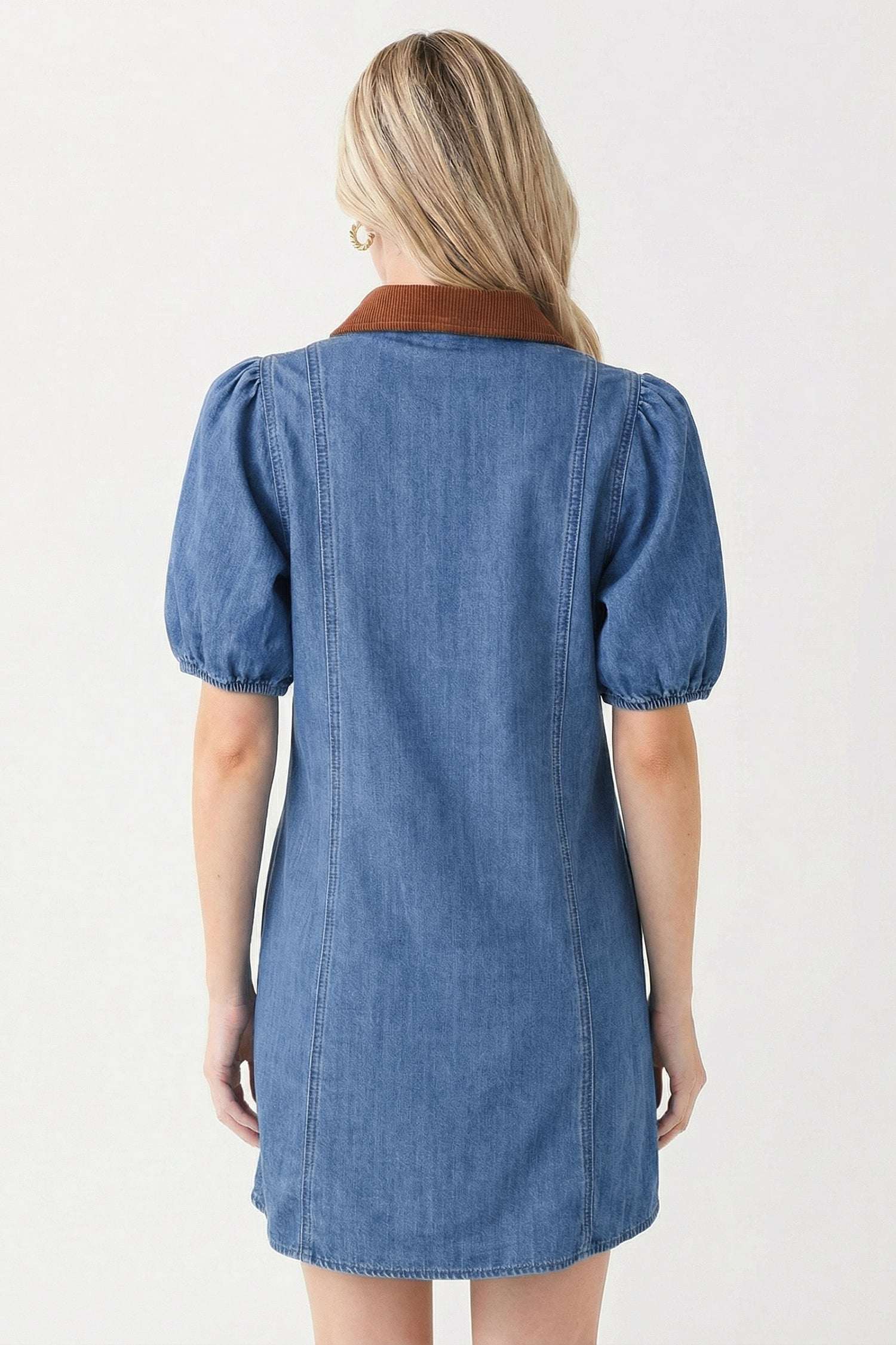 Blue Denim Short Puff Sleeve Color Block Shirt Collar Patchwork Mini Dress