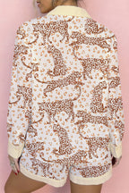 Yellow Leopard Print Colorblock Pocket Placket Long Sleeve Lounge Set