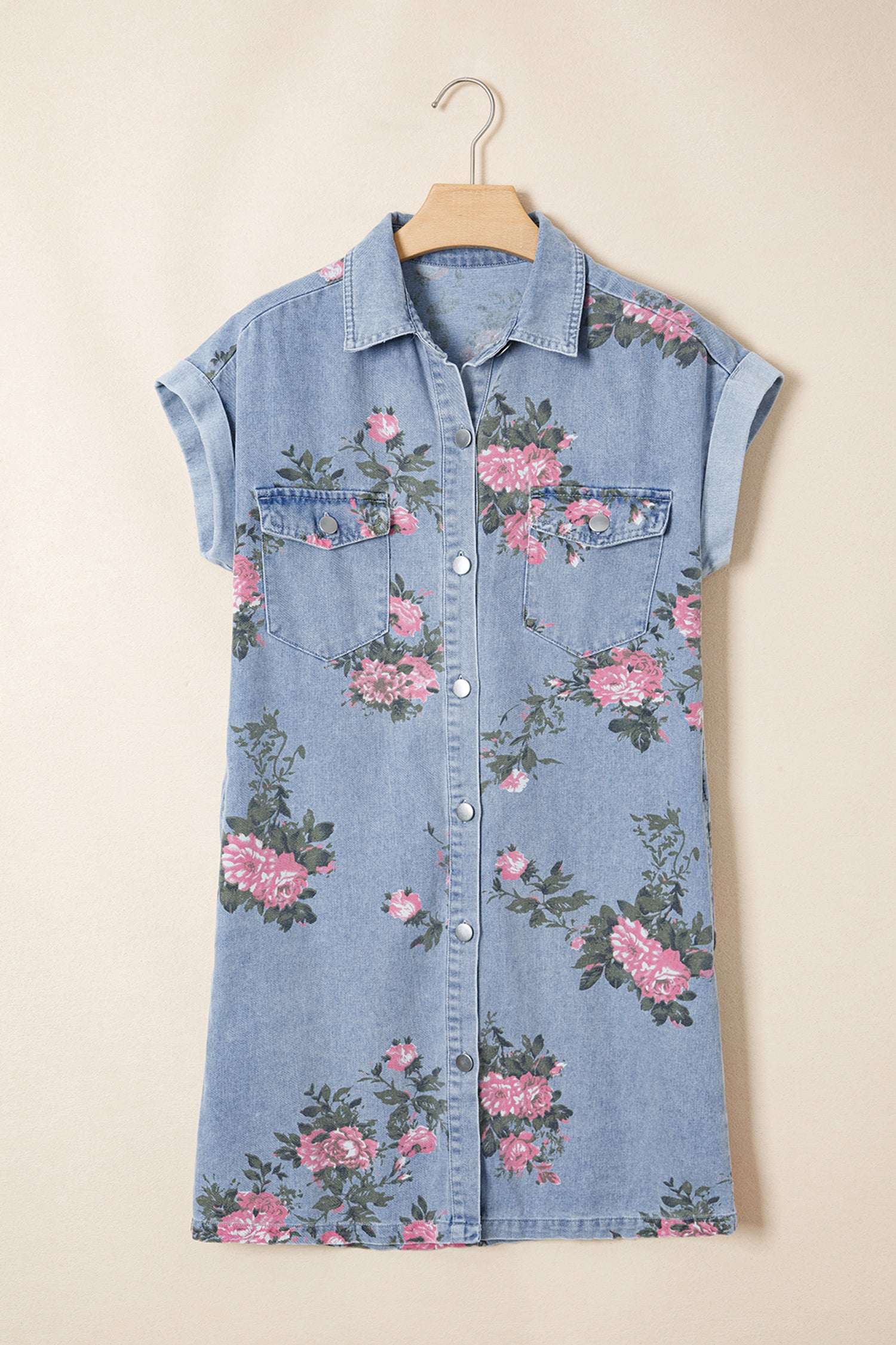 Sky Blue Denim Floral Print Cuffed Short Sleeve Button Down Shift Dress