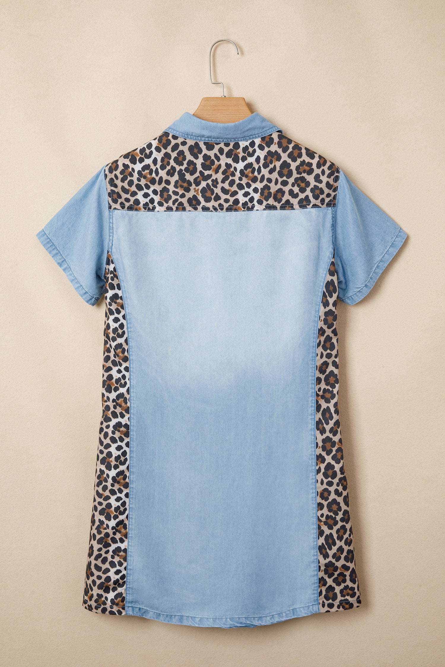 Myosotis Denim Color Block Leopard Patchwork Shirt Collar T Shirt Mini Dress
