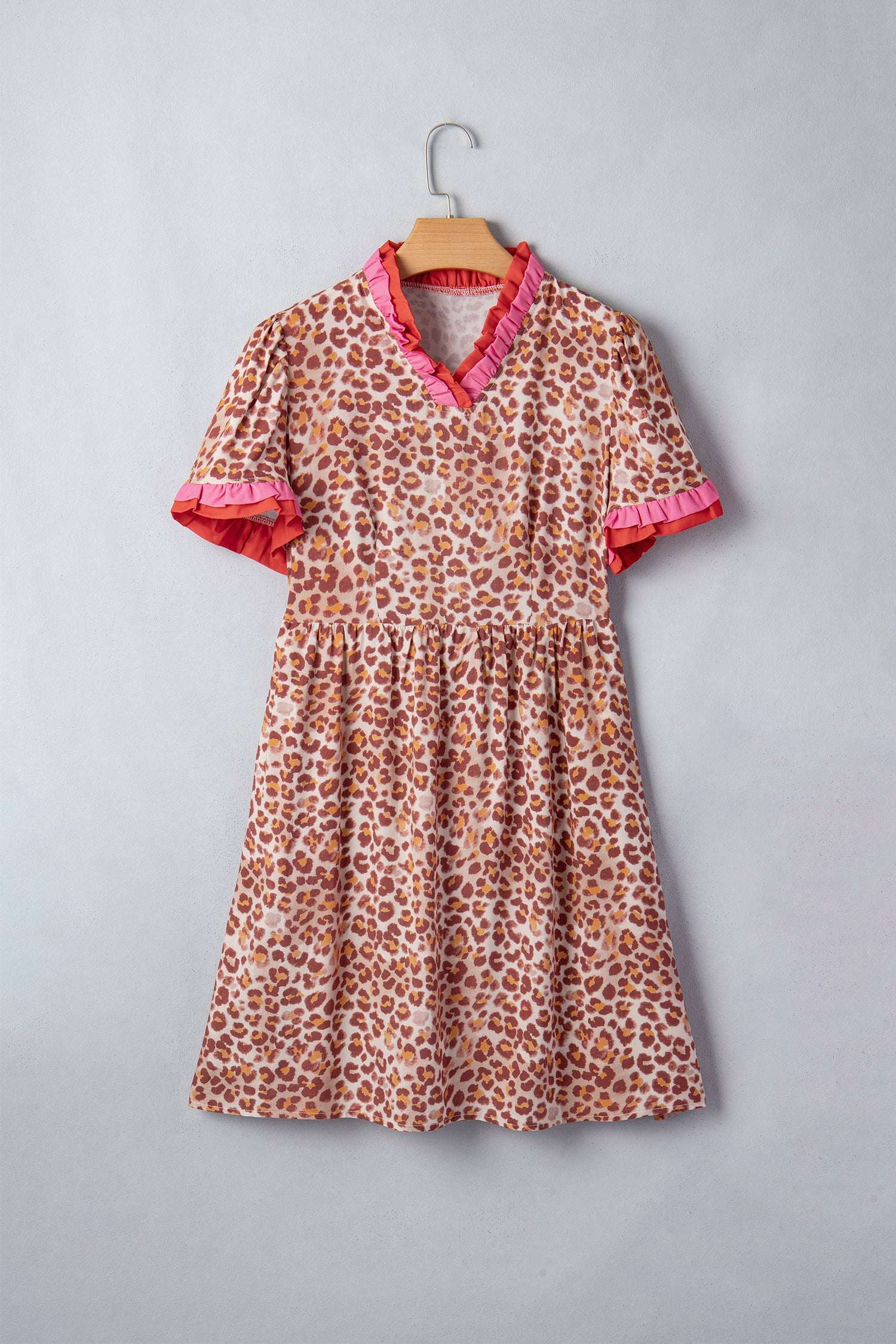 Khaki Leopard High Waist Ruffled Colorblock Trim Short Dress