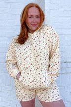 Beige Floral Print Hooded Long Sleeve Plus Size Set