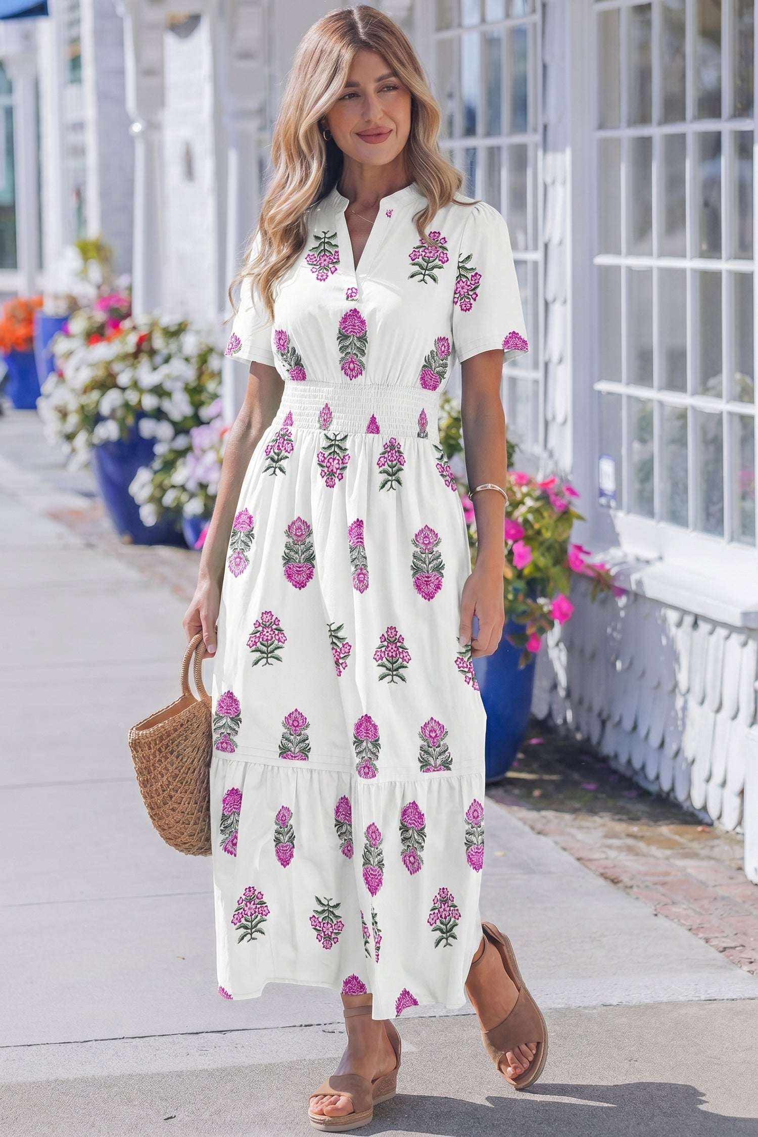 Green Floral Print Split Neck Shirred High Waist Ruffle Hem Maxi Dress