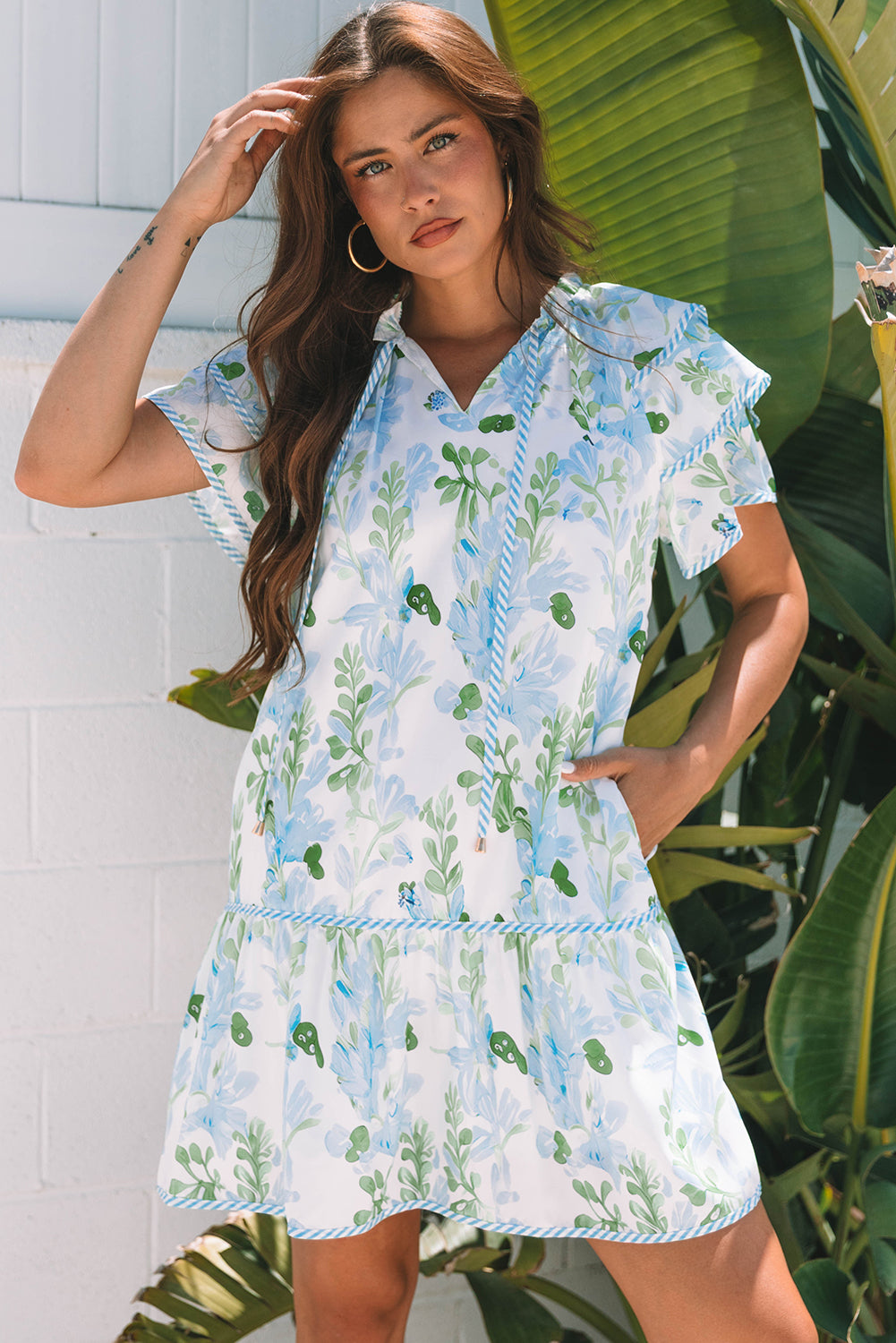 Pink Floral Contrast Edge Layered Short Sleeve Mini Dress
