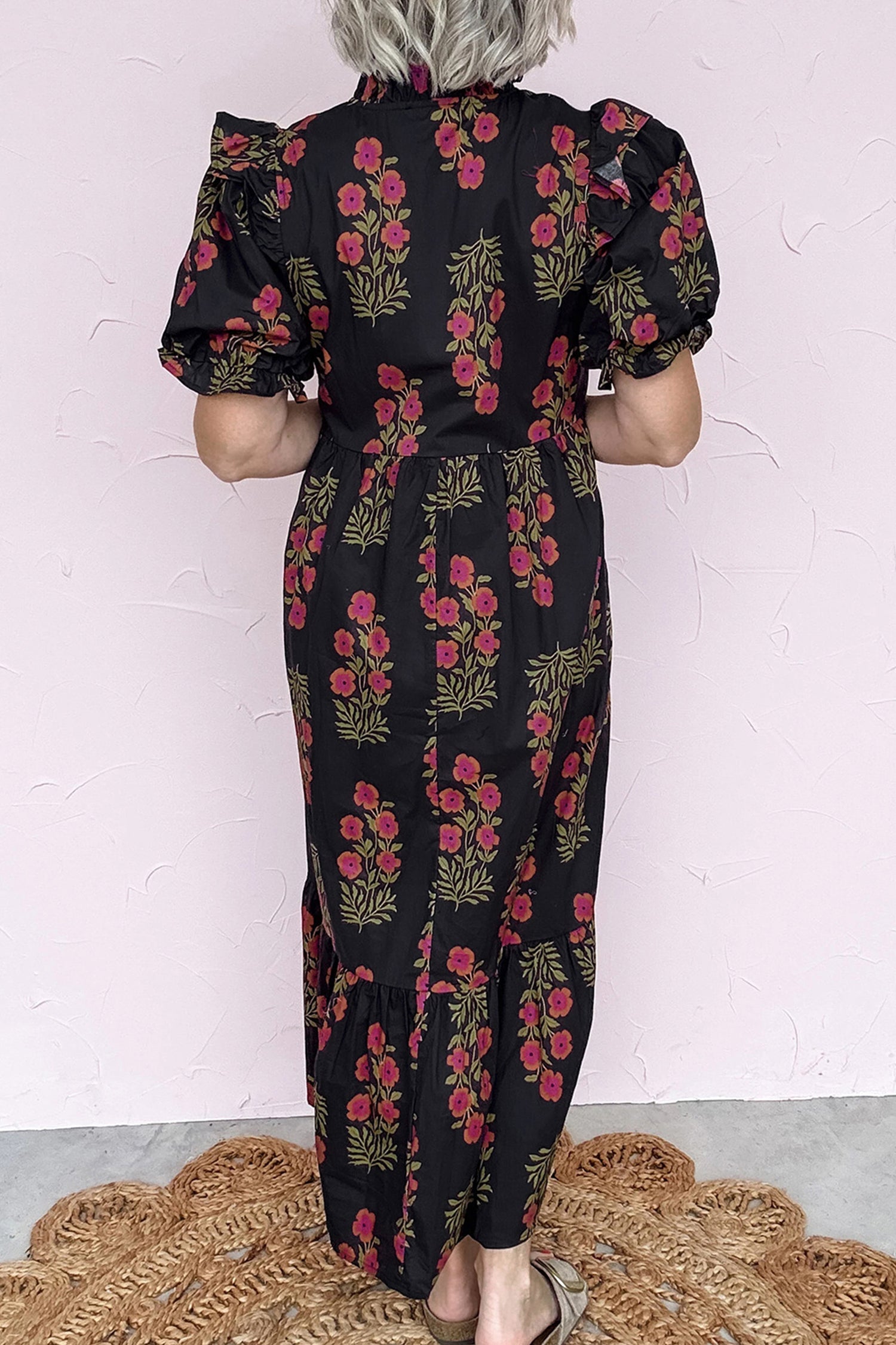 Beige Floral Short Bubble Sleeve Tiered Maxi Dress