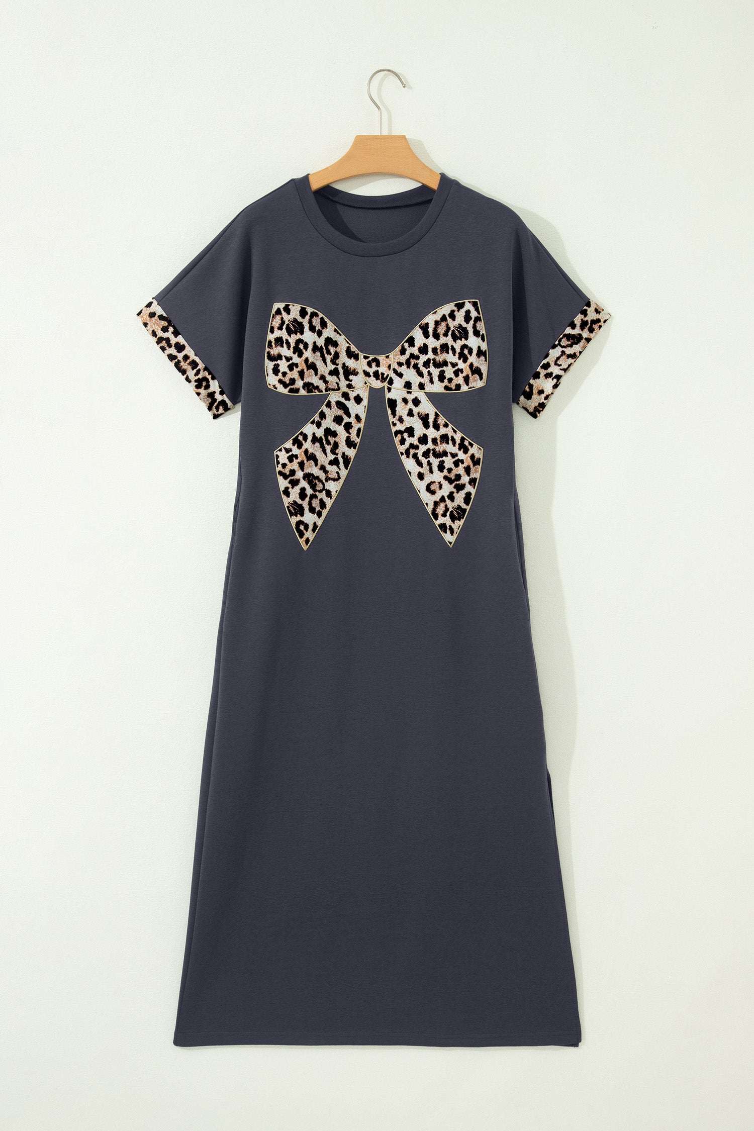 Dark Grey Contrast Leopard Bow Patched Short Sleeve T Shirt Long Dress