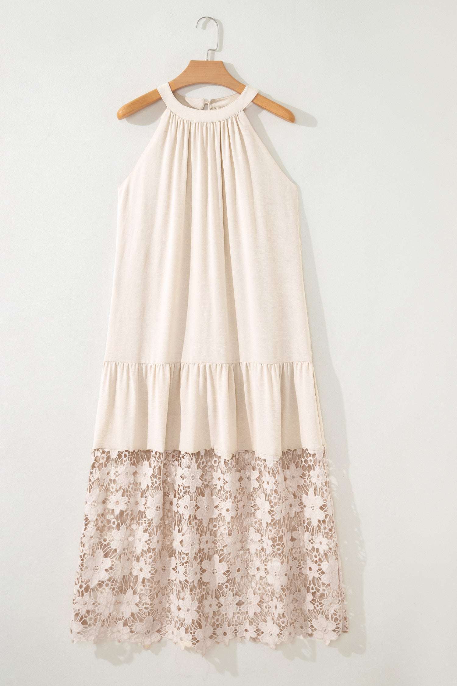 Beige Sheer Hollowed Floral Lace Hem Patchwork Loose Halter Summer Dress
