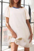 Beige Stripe Seersucker Contrast Round Neck Puff Sleeve T Shirt Dress