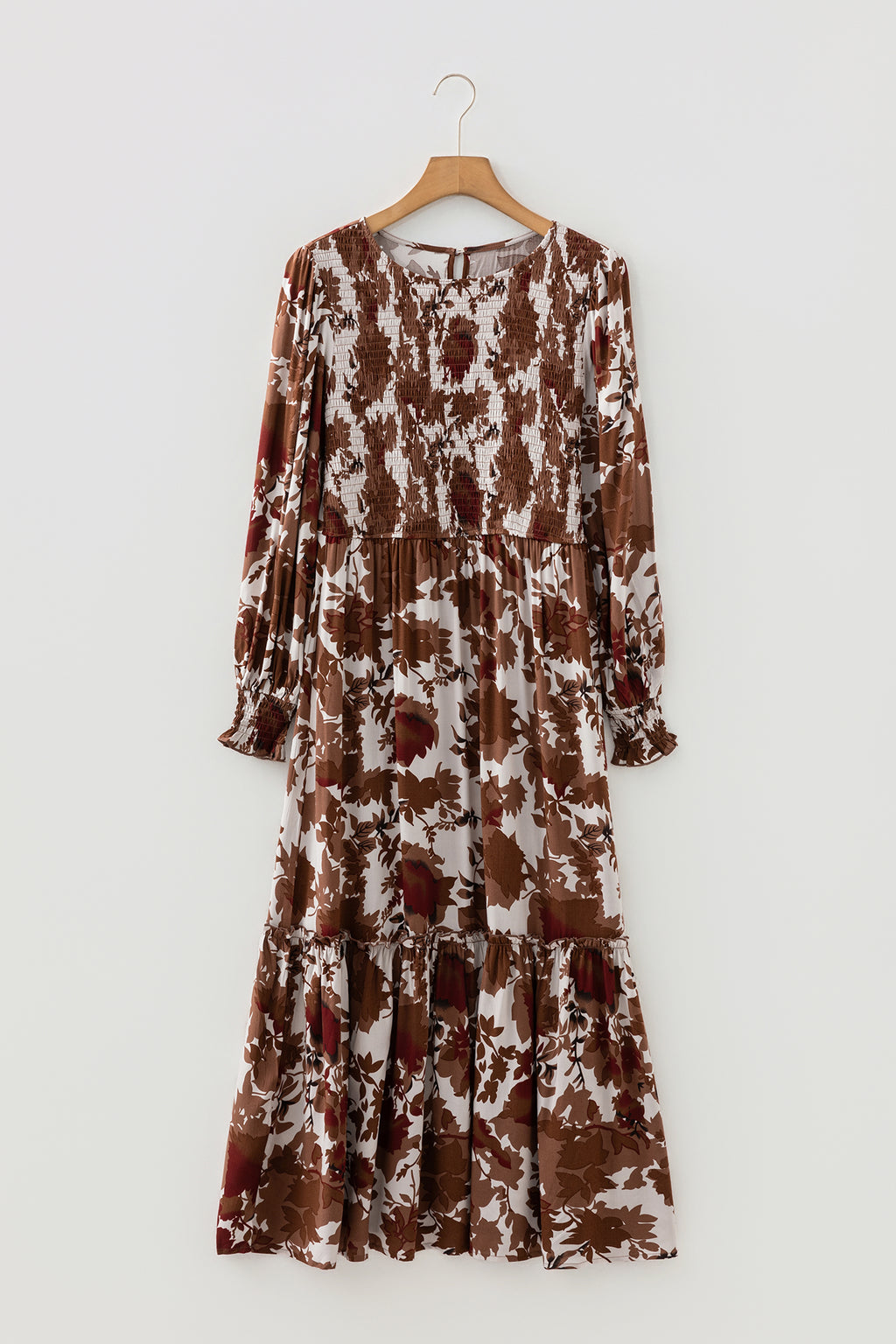 Orange Floral Puff Sleeve Smocked Bodice Ruffled Long Dress