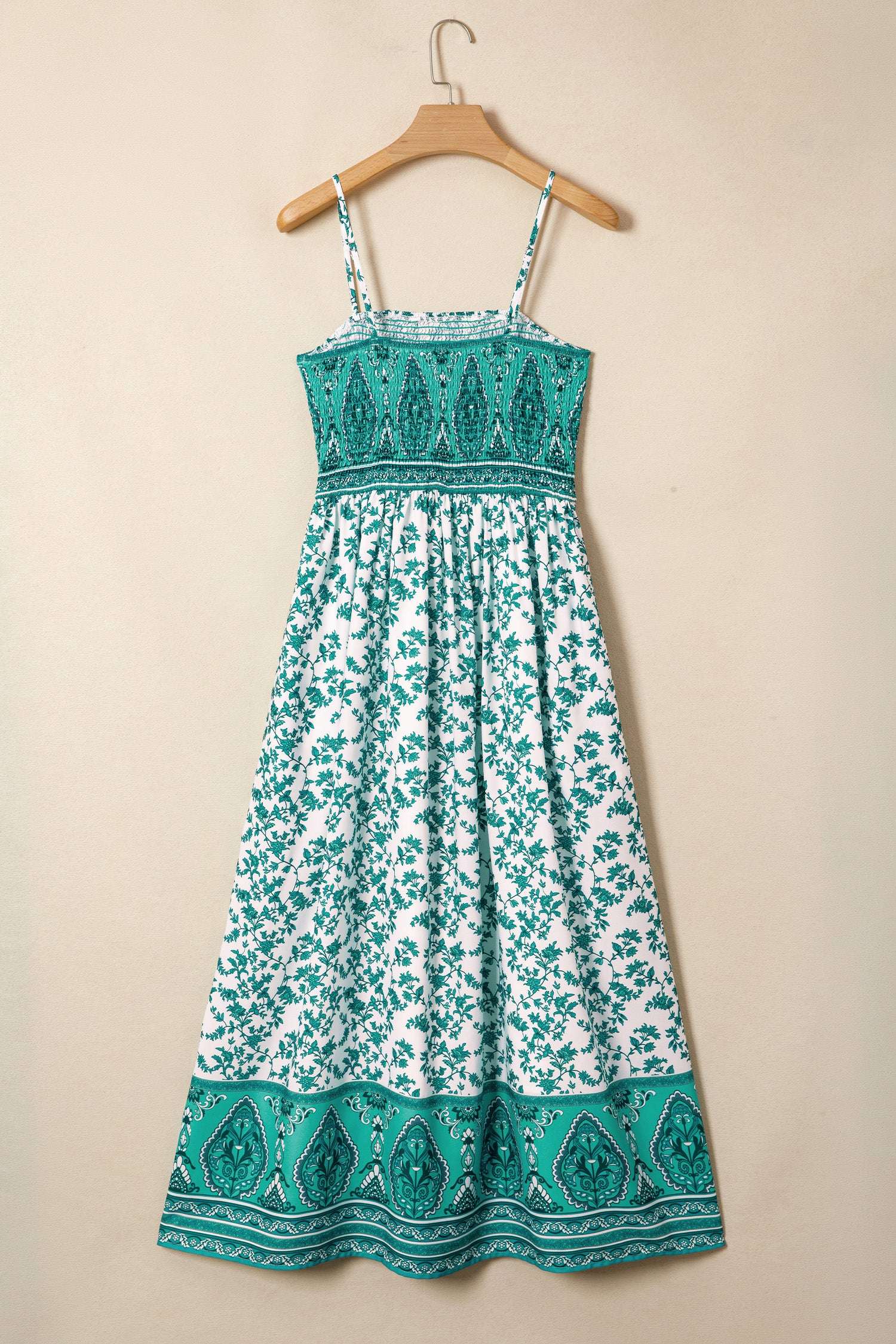 Green Boho Floral Print Shirred Cami Maxi Dress