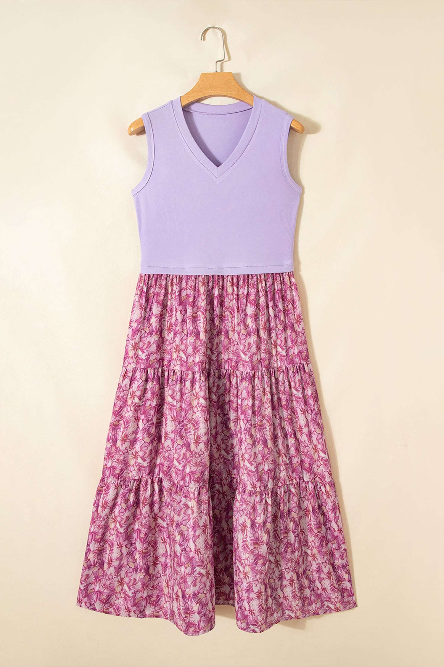 Purple Ribbed V Neck Tank Floral Contrast Patchwork Long Dress